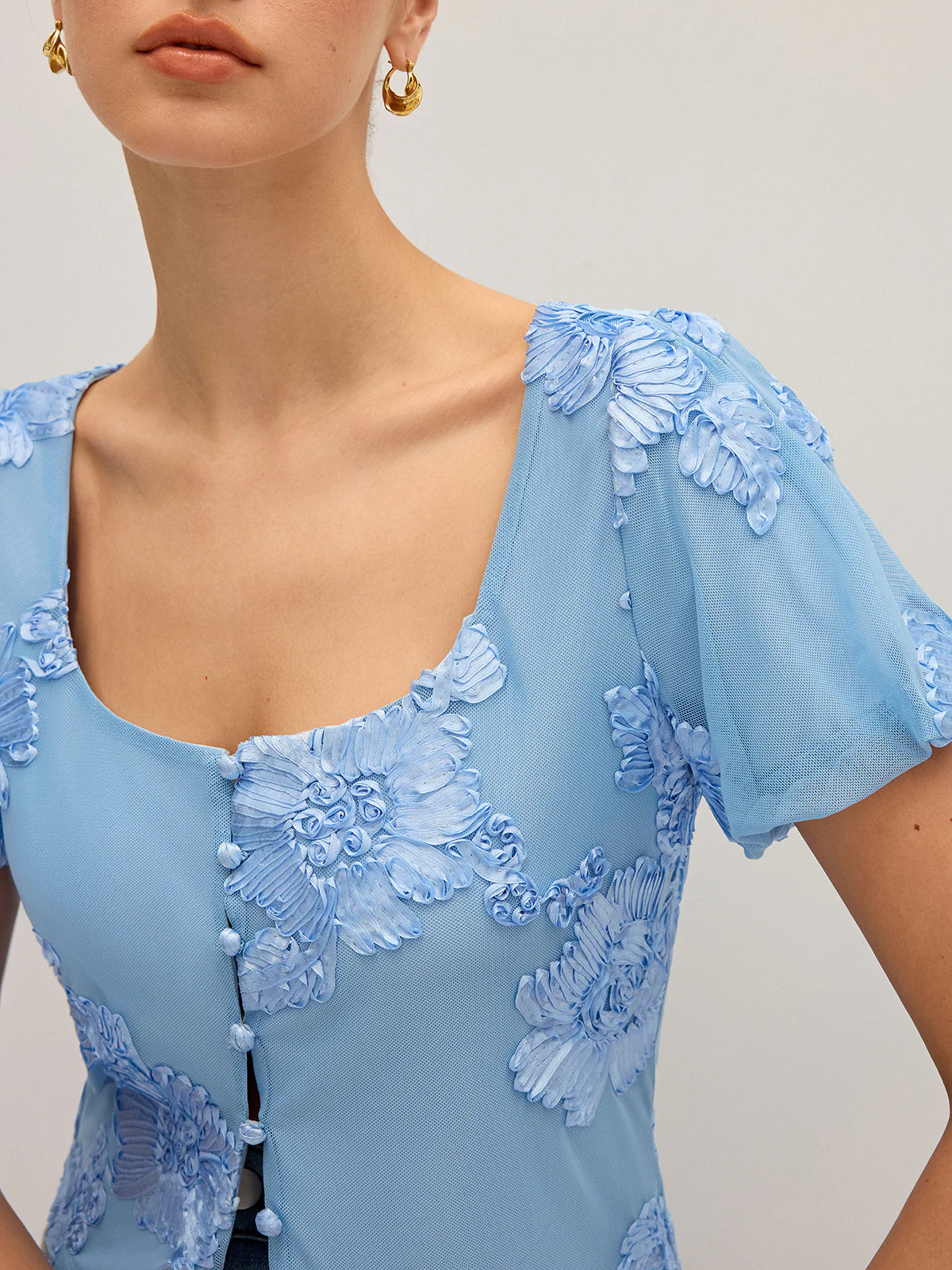 Floral Embroidered Square Neck Mesh Top - Wholesalesil
