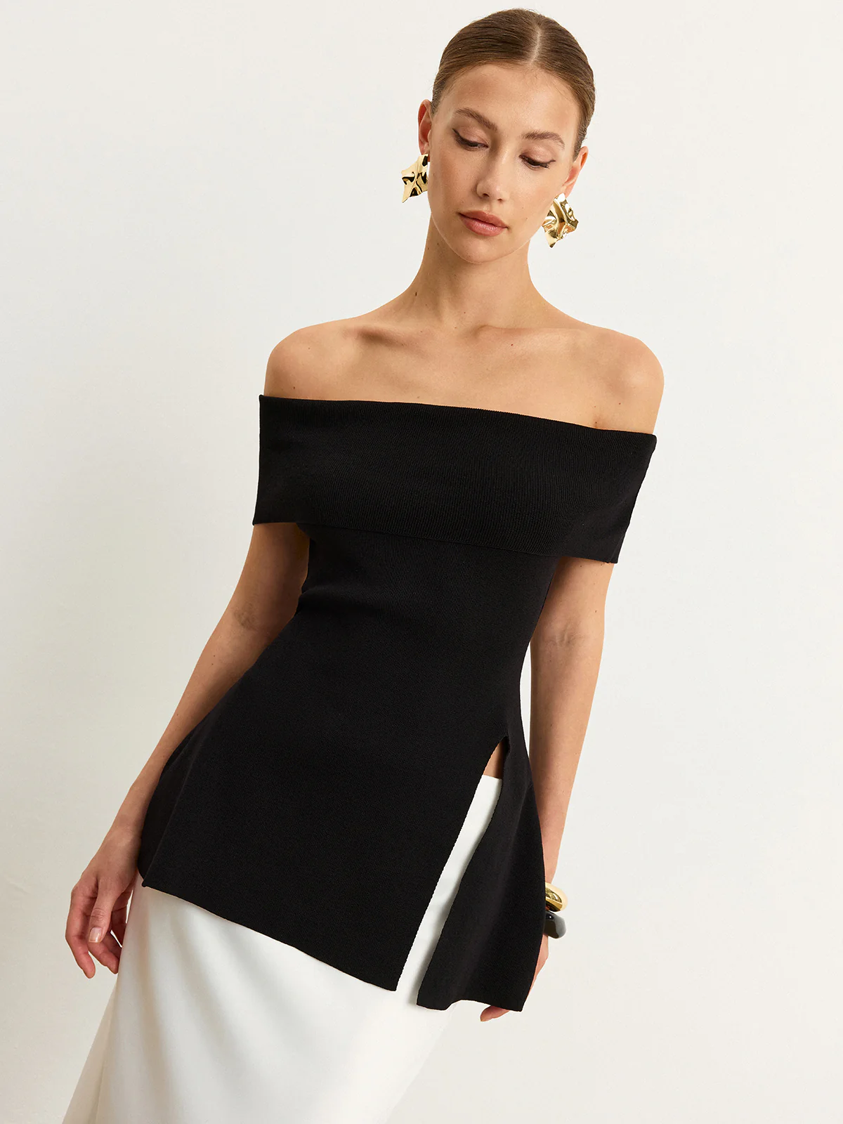 Off-Shoulder Knit Top with Slit - Wholesalesil