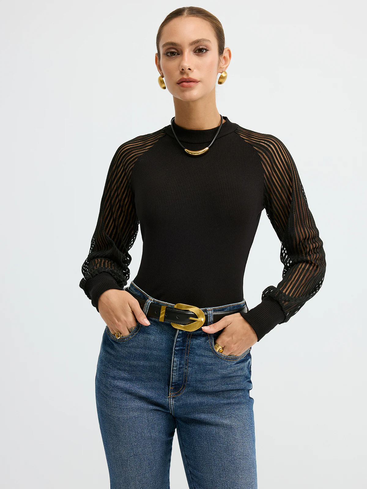 Mock Neck Mesh-Sleeve T-Shirt - Wholesalesil