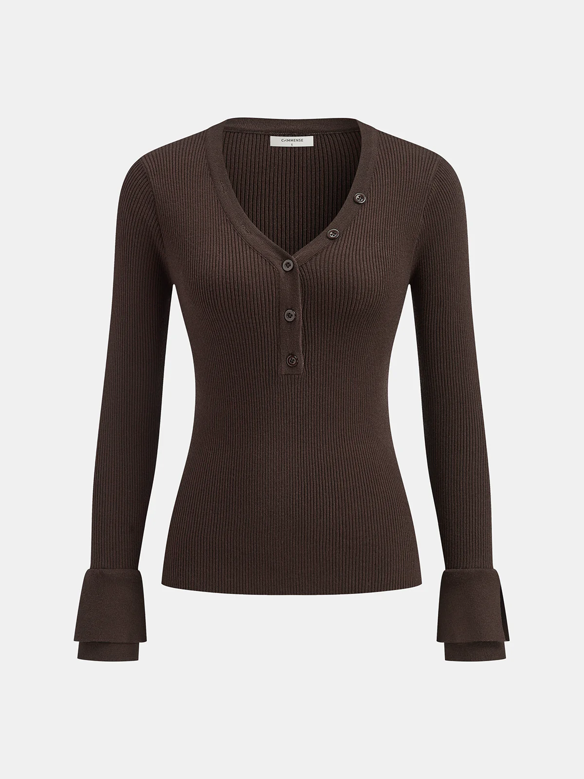 Flared Cuff Ribbed Knit Henley Top - Wholesalesil