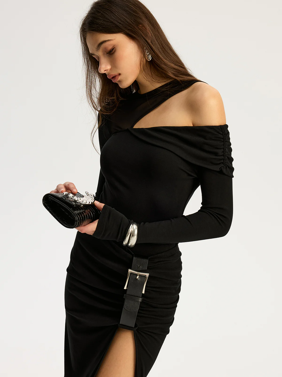 Mesh Paneled Cold-Shoulder Bodysuit - Wholesalesil
