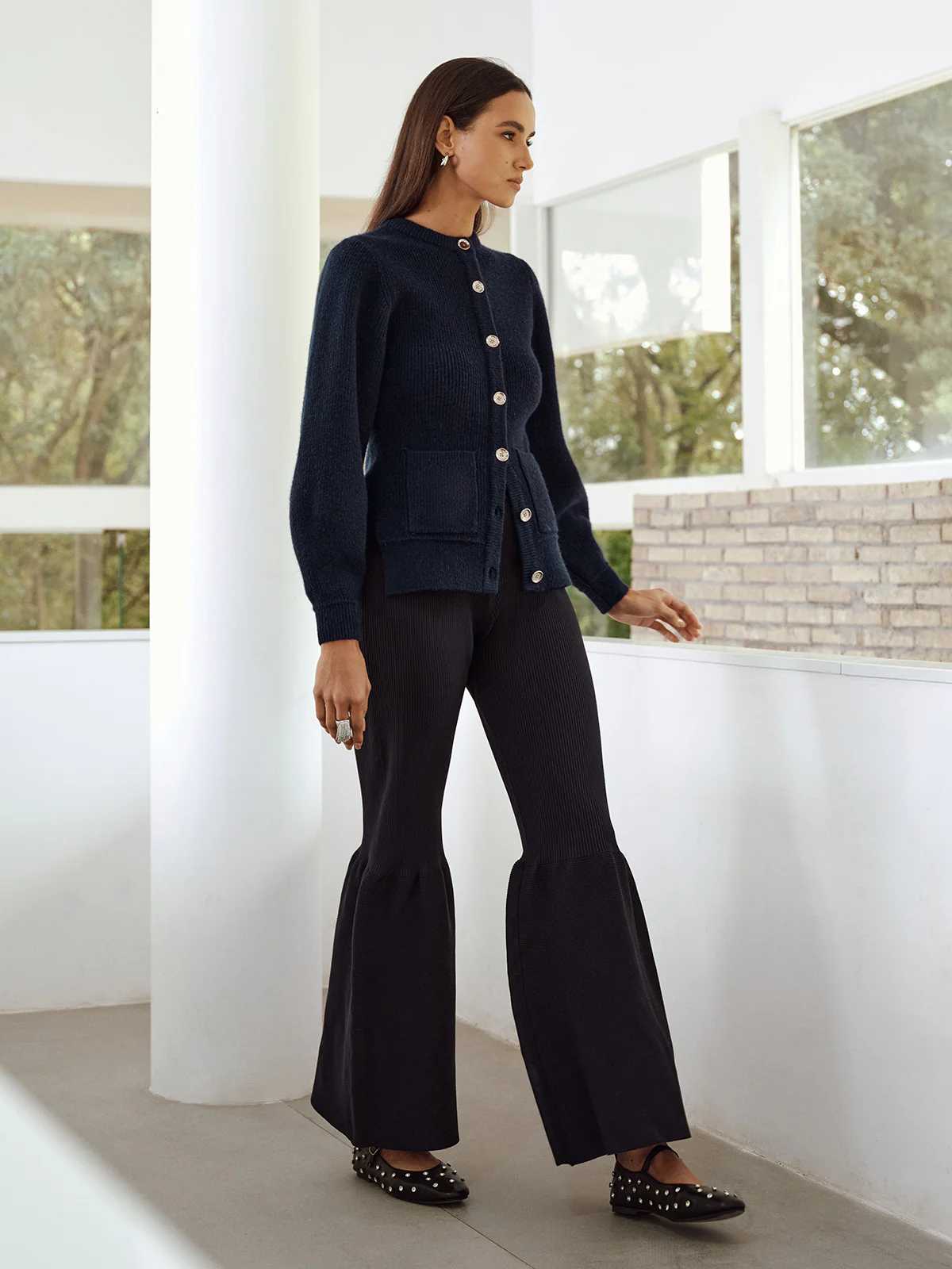 Button-Front Crew Neck Ribbed Knit Cardigan - Wholesalesil