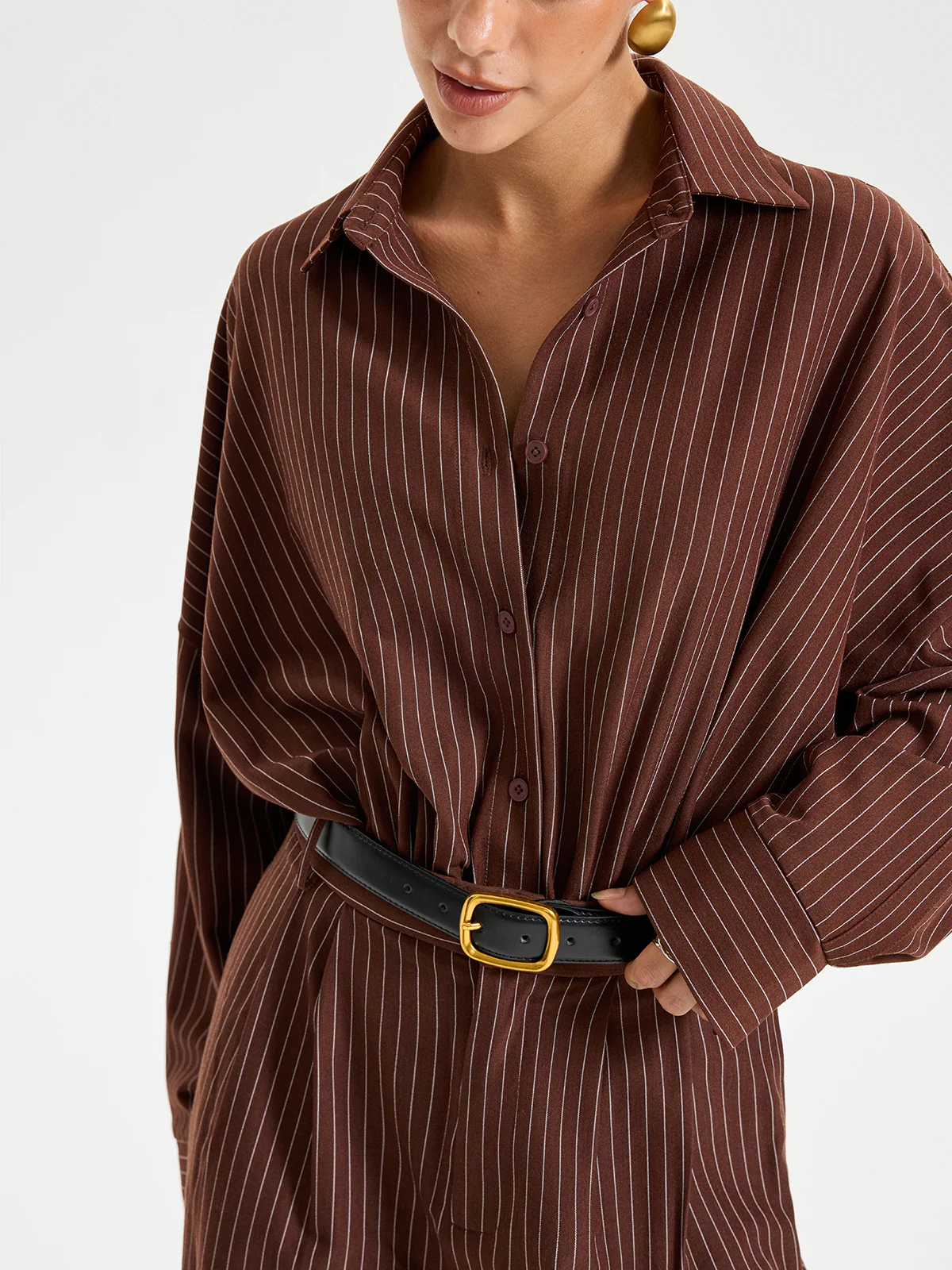 Shirt Collar Pinstripe Long Sleeve Bodysuit - Wholesalesil