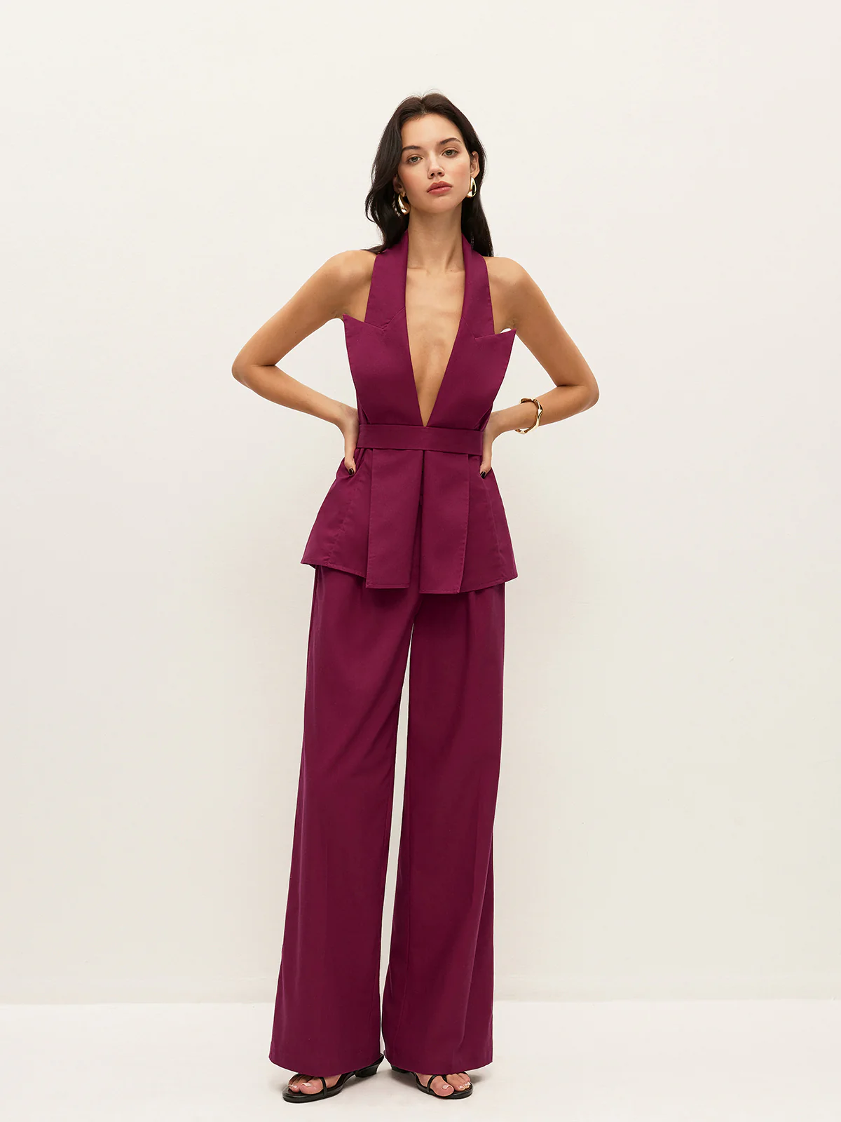 Halter Neck Belted Pocketed Pants Set - Wholesalesil