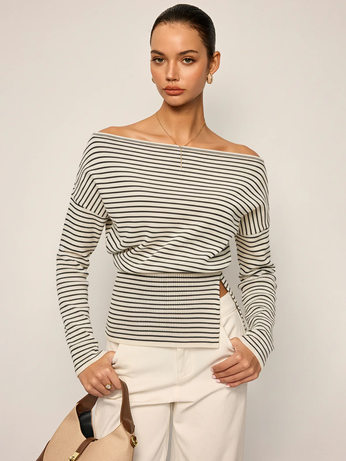 Slit Hem Off-Shoulder Striped Sweater - Wholesalesil