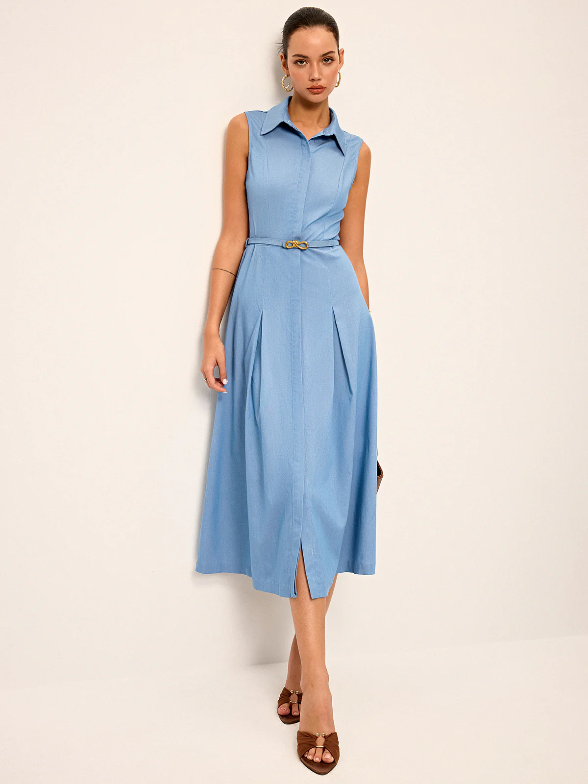Belted Sleeveless Shirt Midi Dress - Wholesalesil