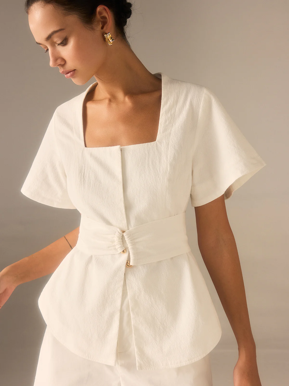 Cotton Square Neckline Top with Belted Waist - Wholesalesil