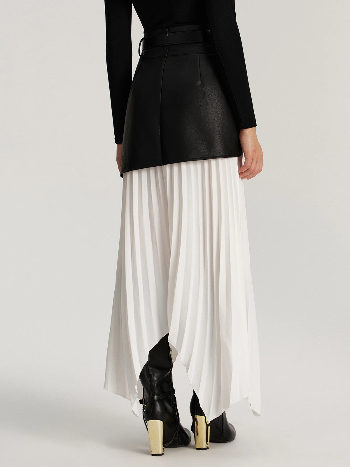 Belted Asymmetric Faux Leather Panel Pleated Maxi Skirt - Wholesalesil