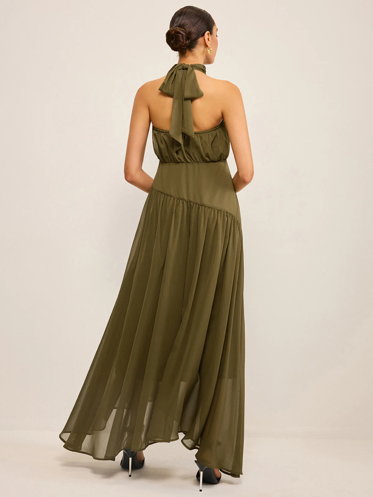 Semi-Sheer Halter Neck Chiffon Maxi Dress with Back Bow - Wholesalesil