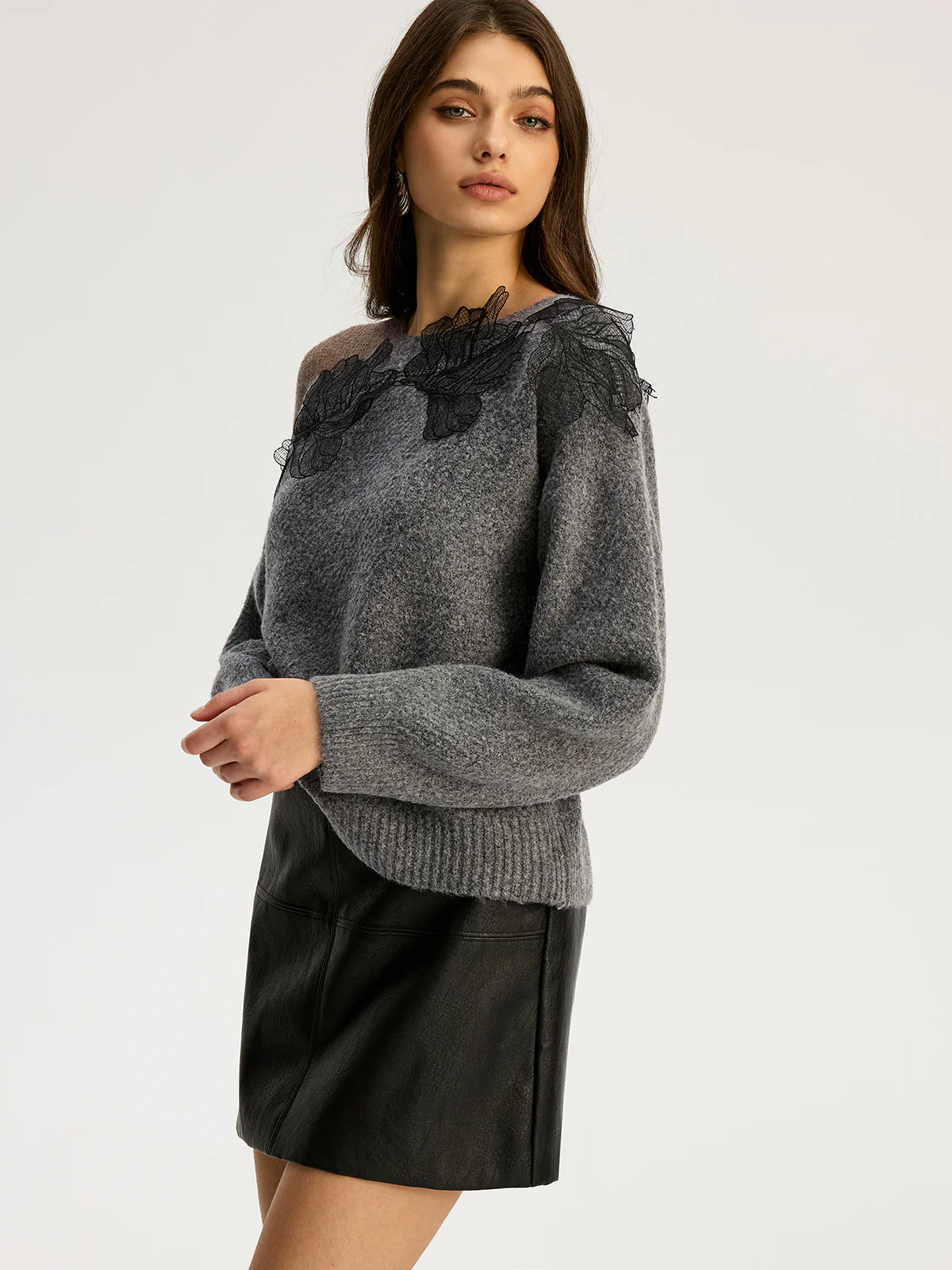 Floral lace Sweater Semi Sheer Round Neck Sweater - Wholesalesil