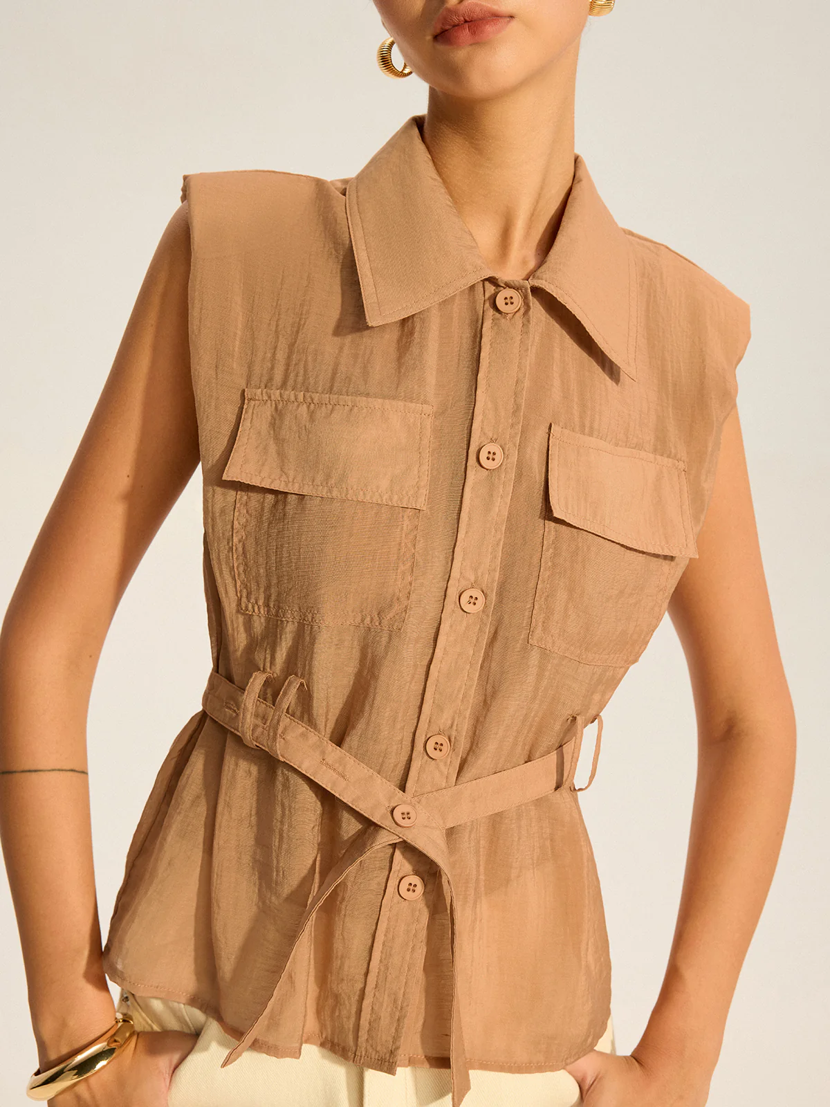 Belted Sleeveless Blouse - Wholesalesil