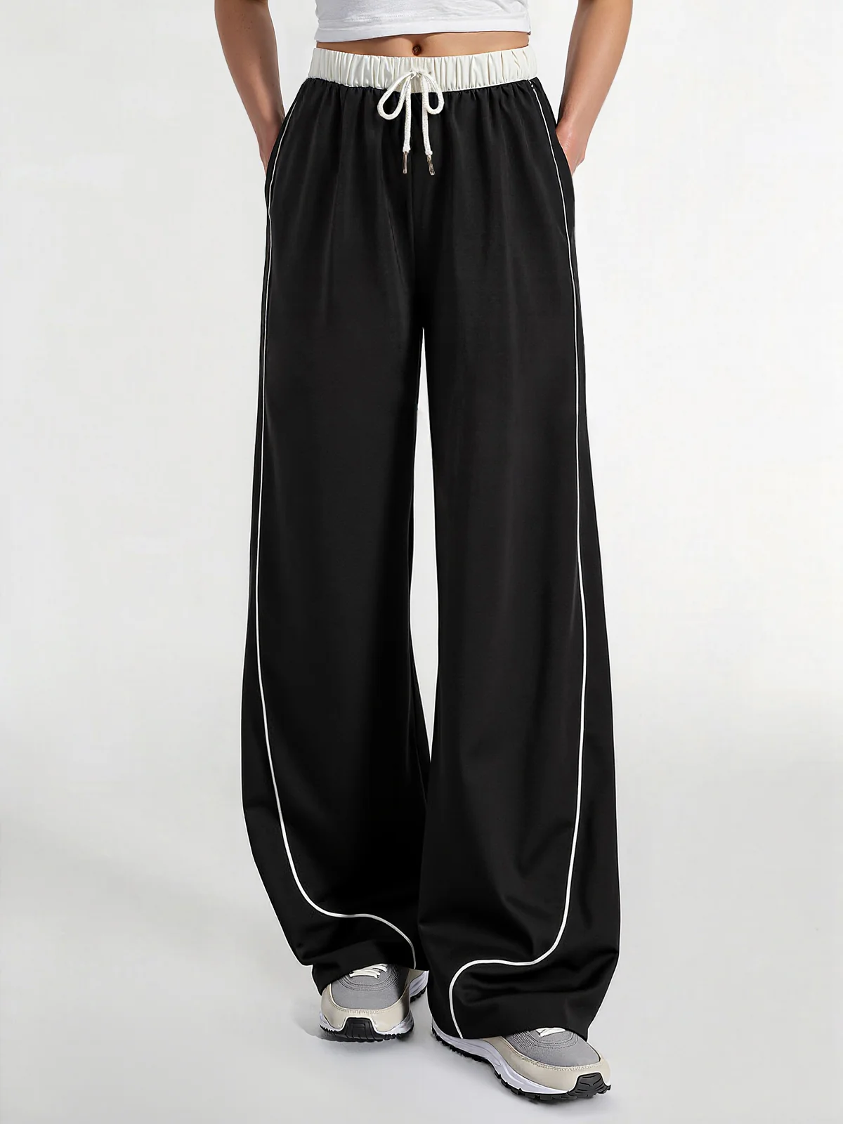 Contrast Waistband Drawstring Wide-Leg Pants - Wholesalesil