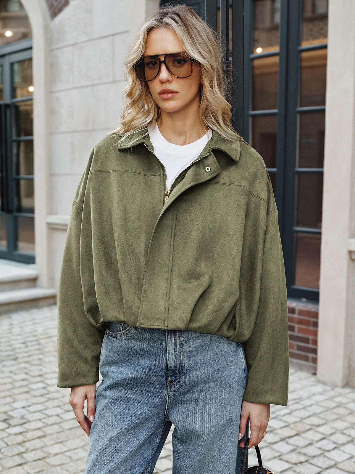 Suede Effect Zip-Up Collared Jacket - Wholesalesil