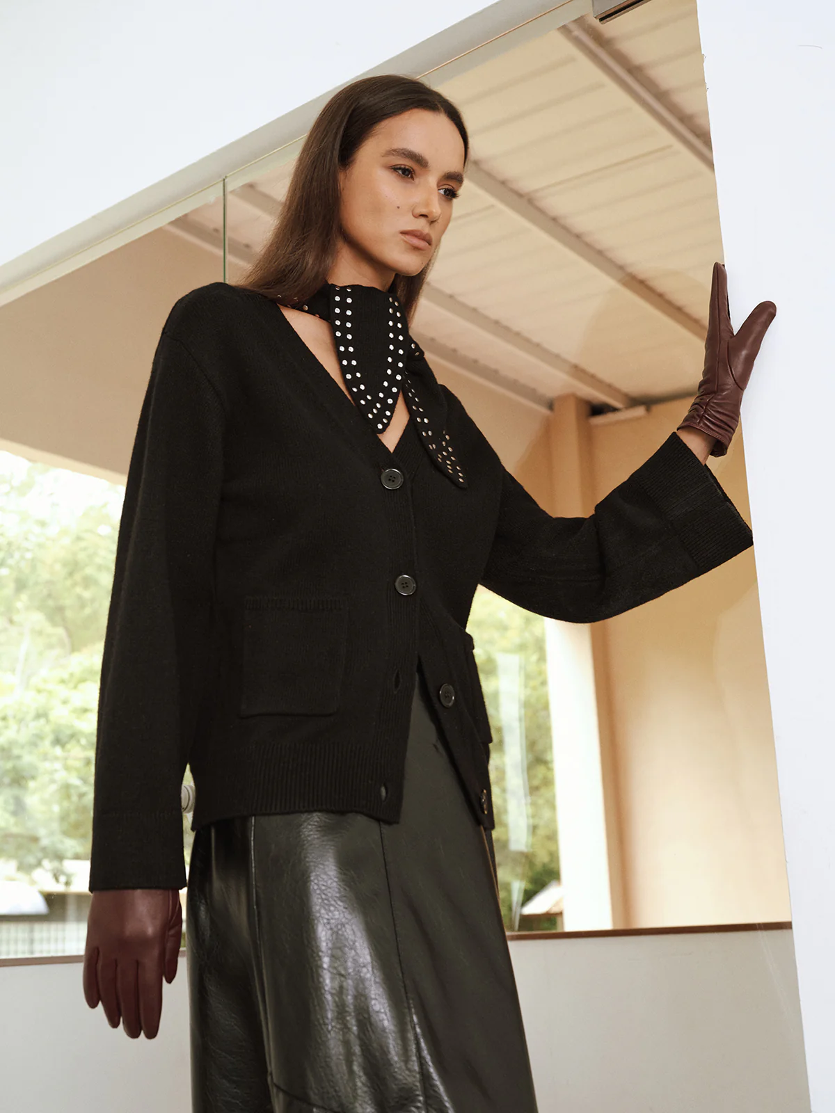 Wool Blend V-Neck Cardigan with Studded Scarf - Wholesalesil