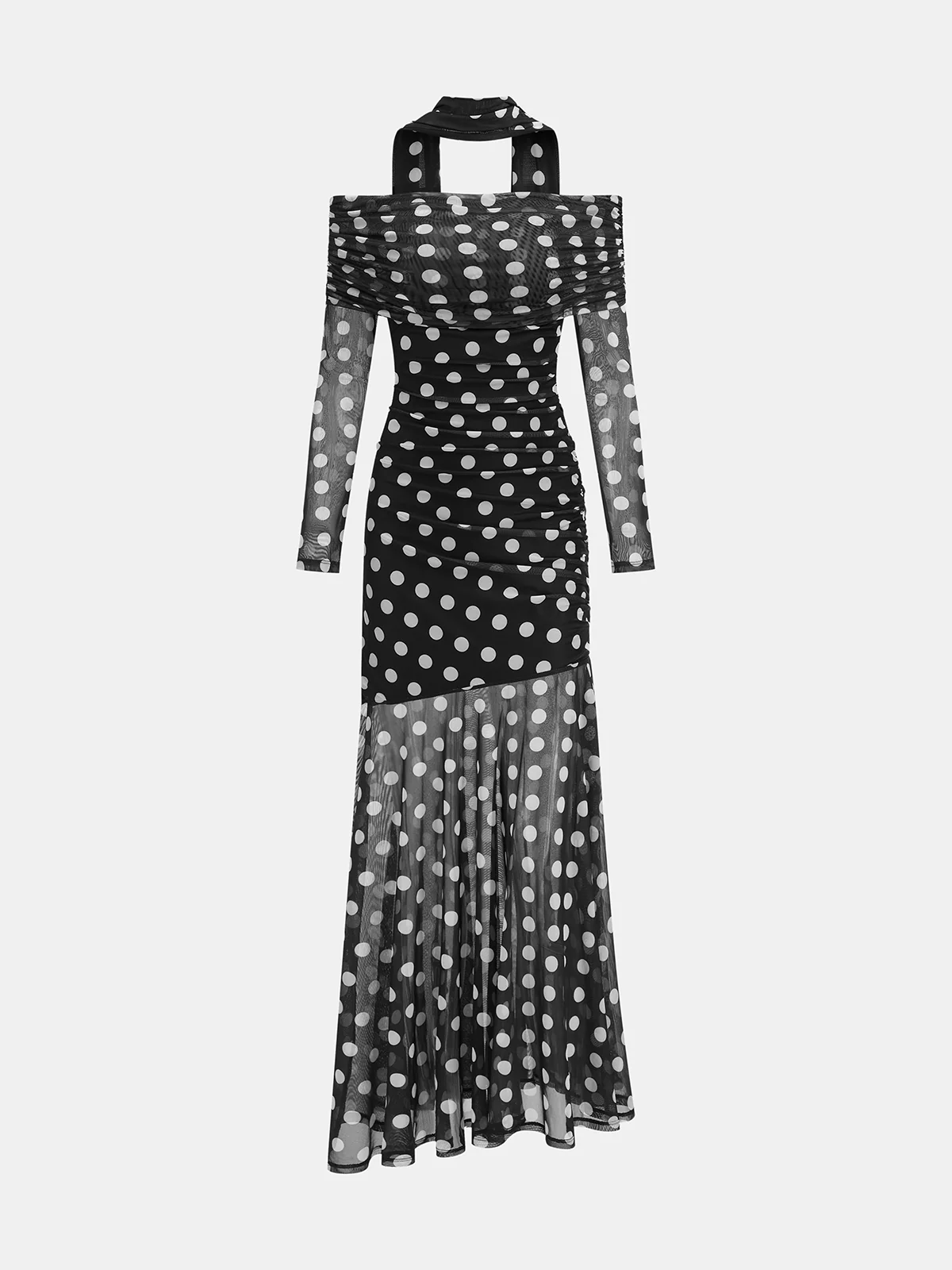 Floral Print Off-Shoulder Mesh Maxi Dress with Scarf Detail - Wholesalesil