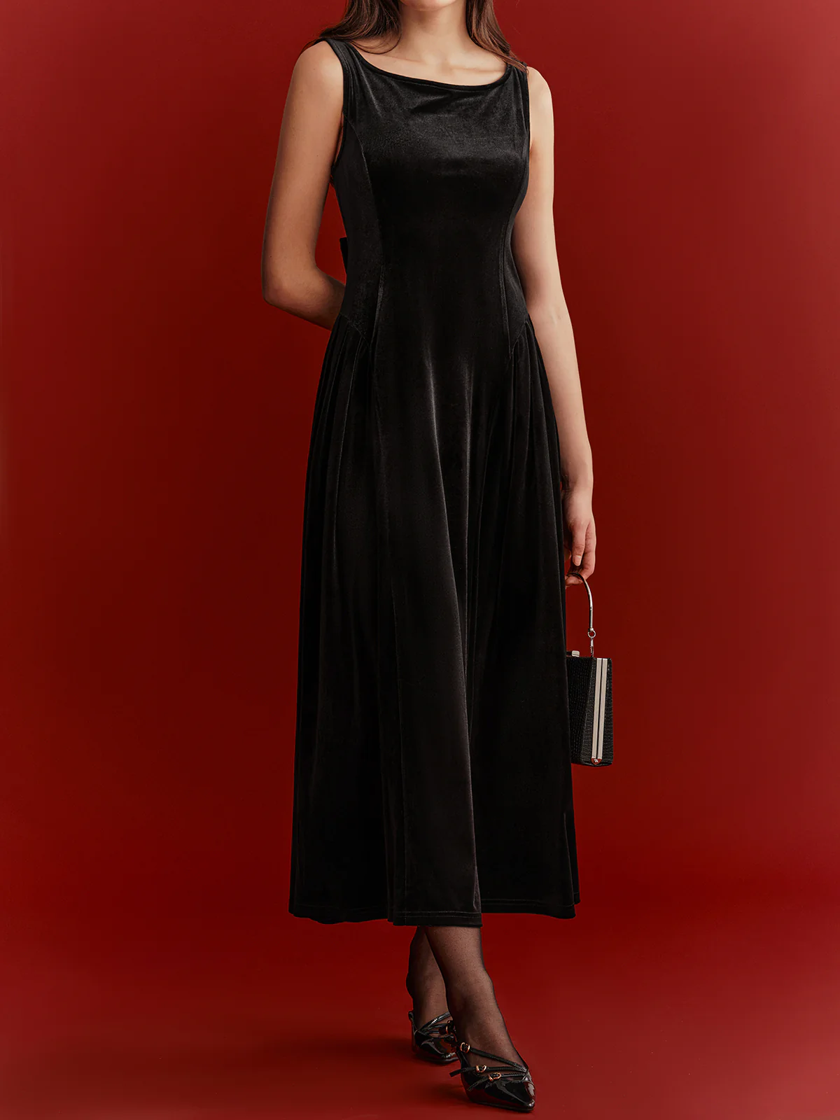 Mesh Back Bow Detail Velvet Maxi Dress - Wholesalesil