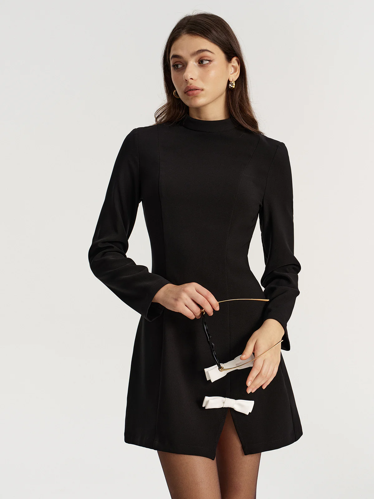 Contrast Bow Slit Mock Neck Mini Dress - Wholesalesil