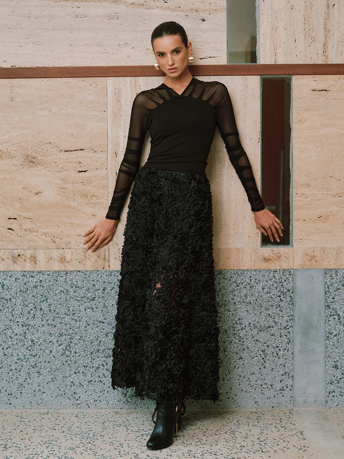 Sheer Mesh Paneled V-Neck Blouse - Wholesalesil