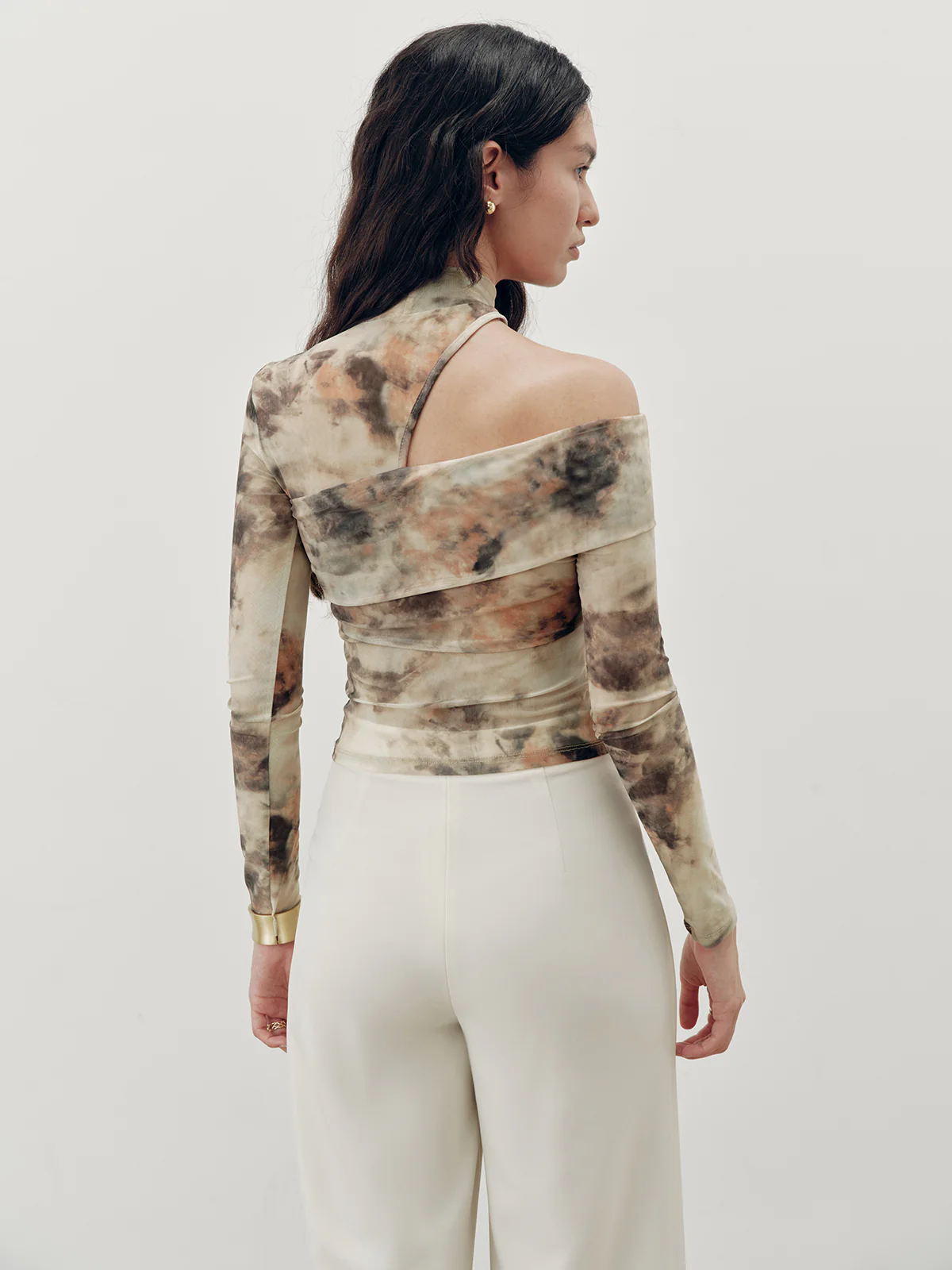 Tie-Dye Mesh One-Shoulder Long Sleeve Top - Wholesalesil