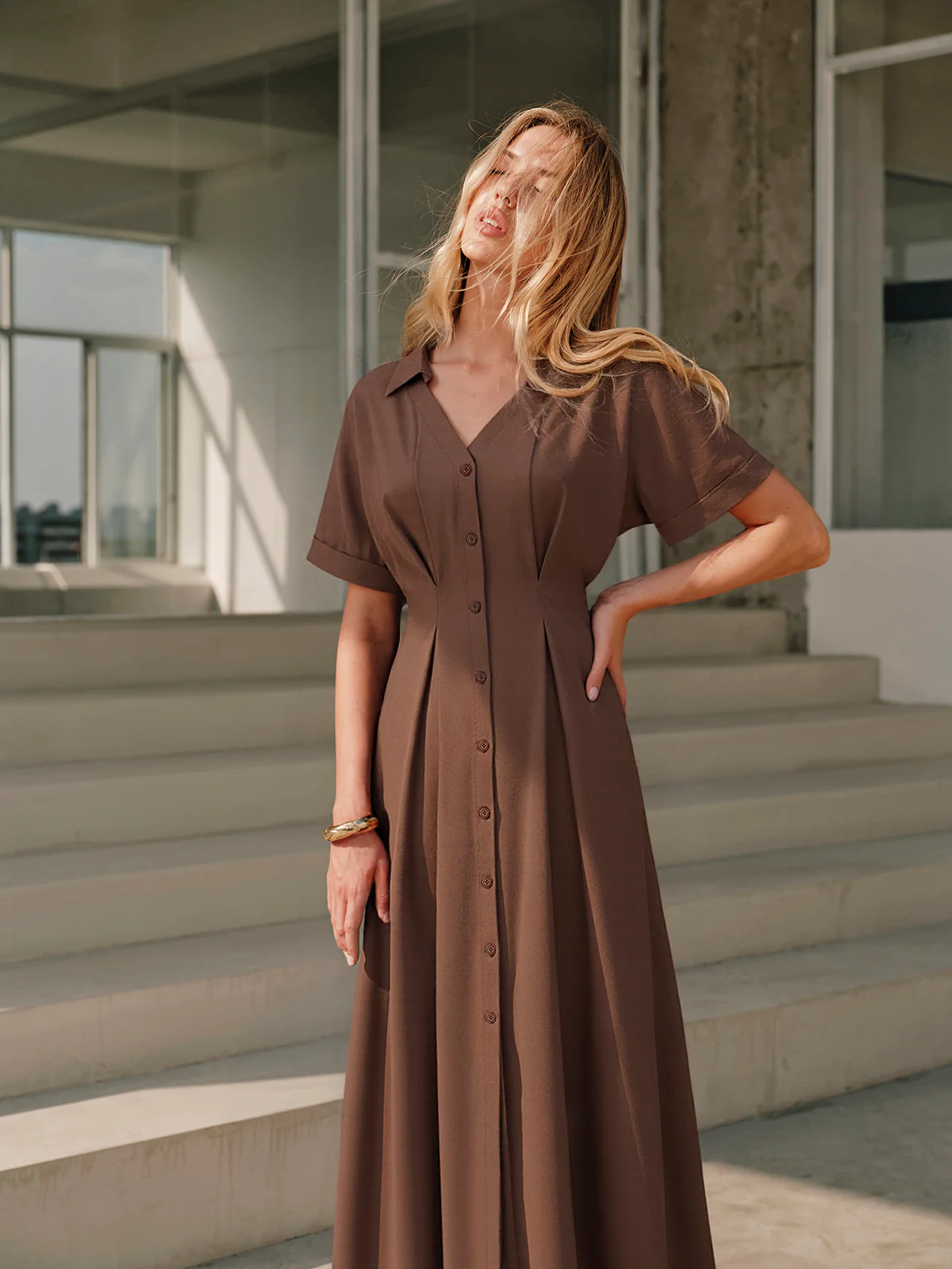 Pleated Button-Front Shirt Dress - Wholesalesil
