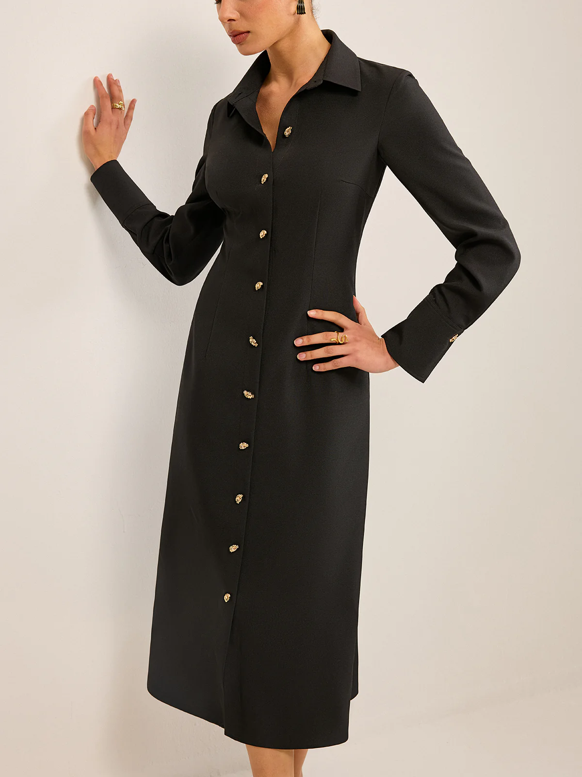 Long Sleeve Button-Front Shirt Dress - Wholesalesil