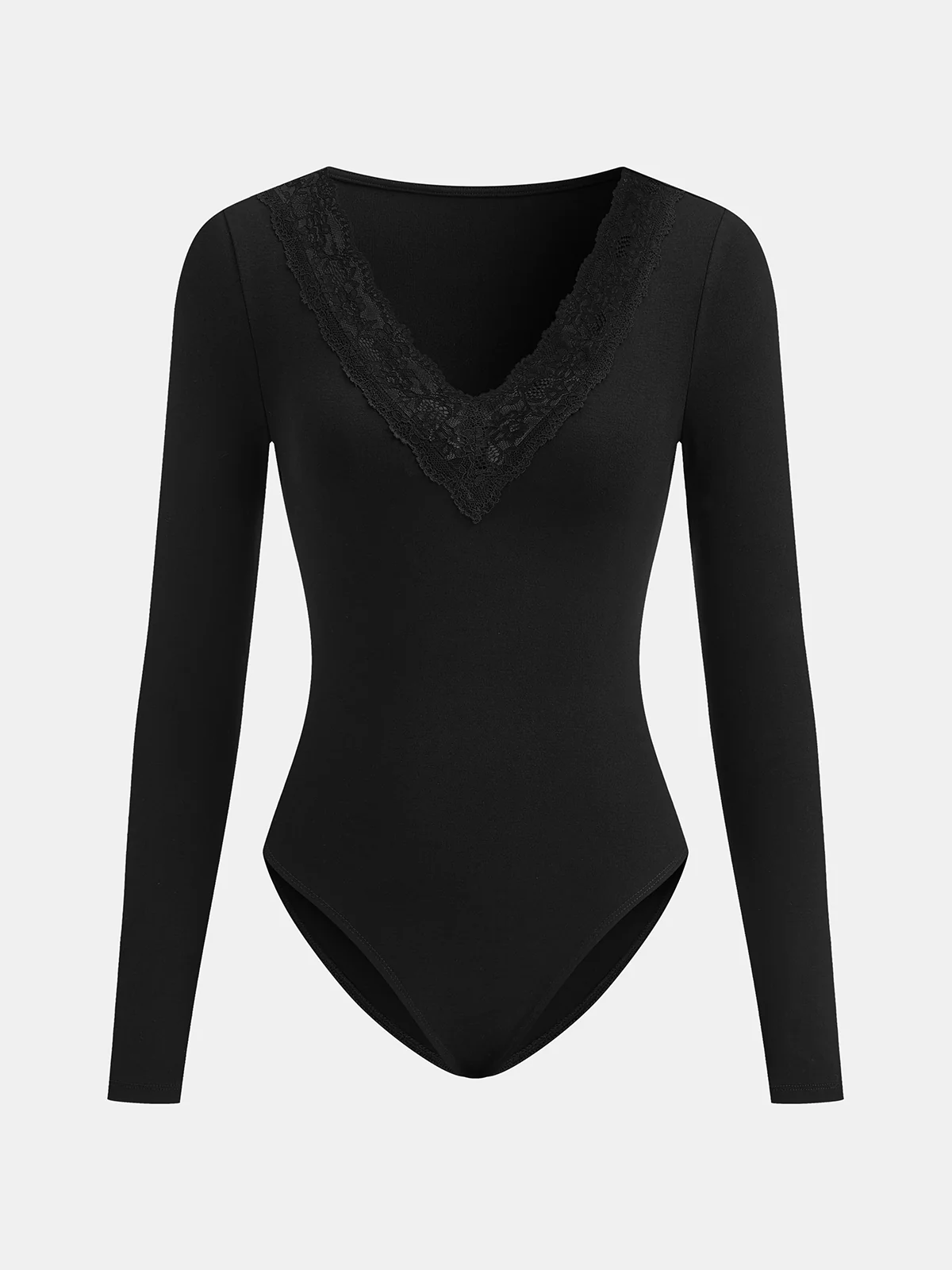 V-Neck Lace Trim Long Sleeve Bodysuit - Wholesalesil