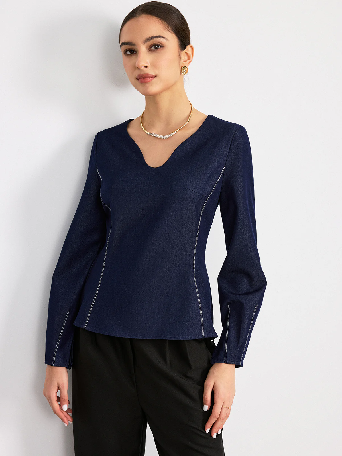 Notch Neck Contrast Stitched Blouse - Wholesalesil