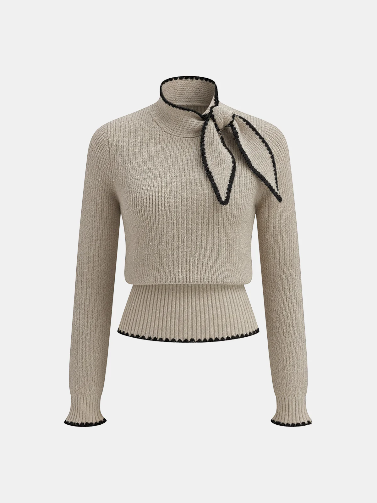 Mock Neck Tie Neck Contrast Stitch Sweater - Wholesalesil