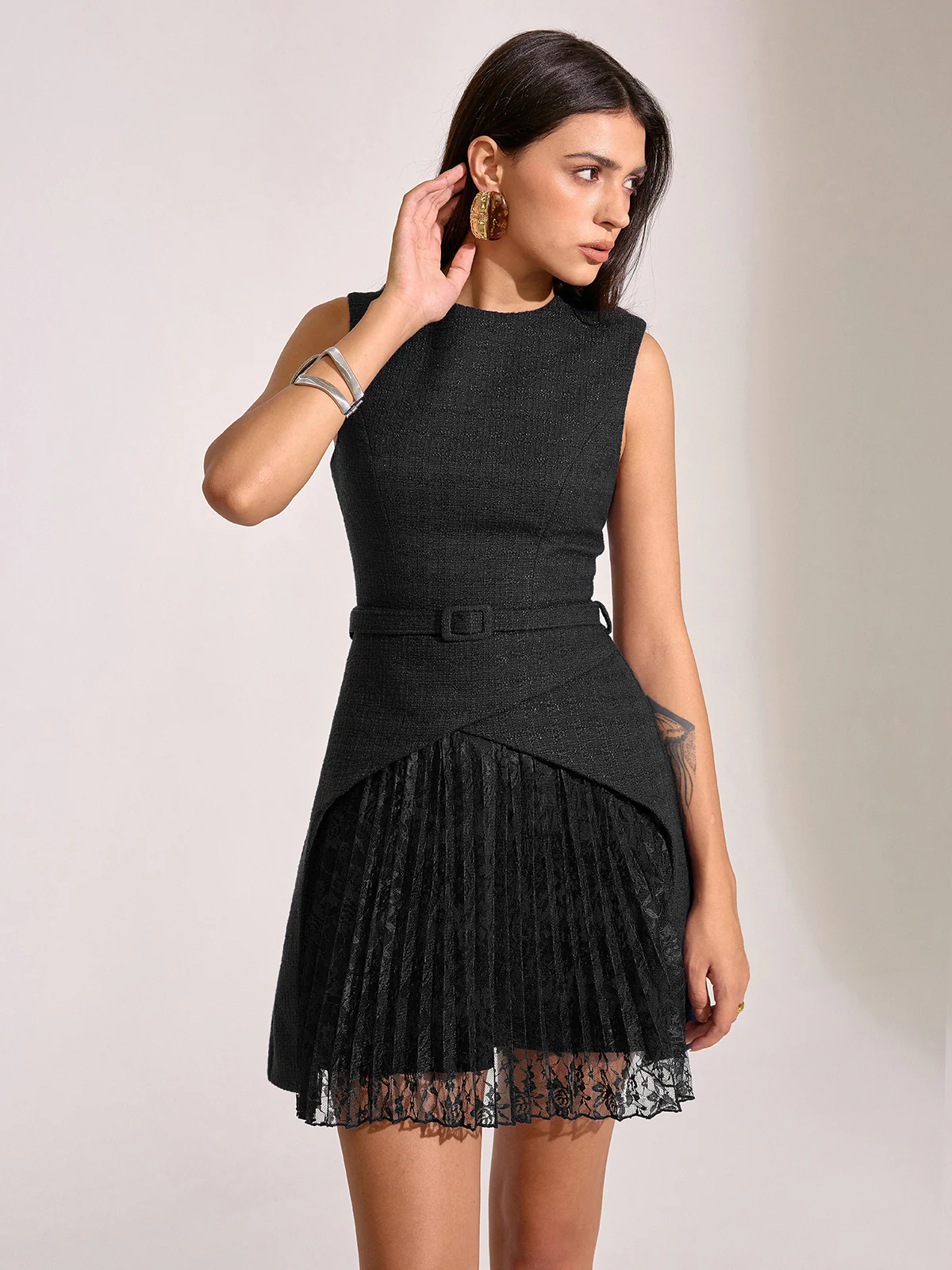 Belted Pleated Lace Mini Dress - Wholesalesil