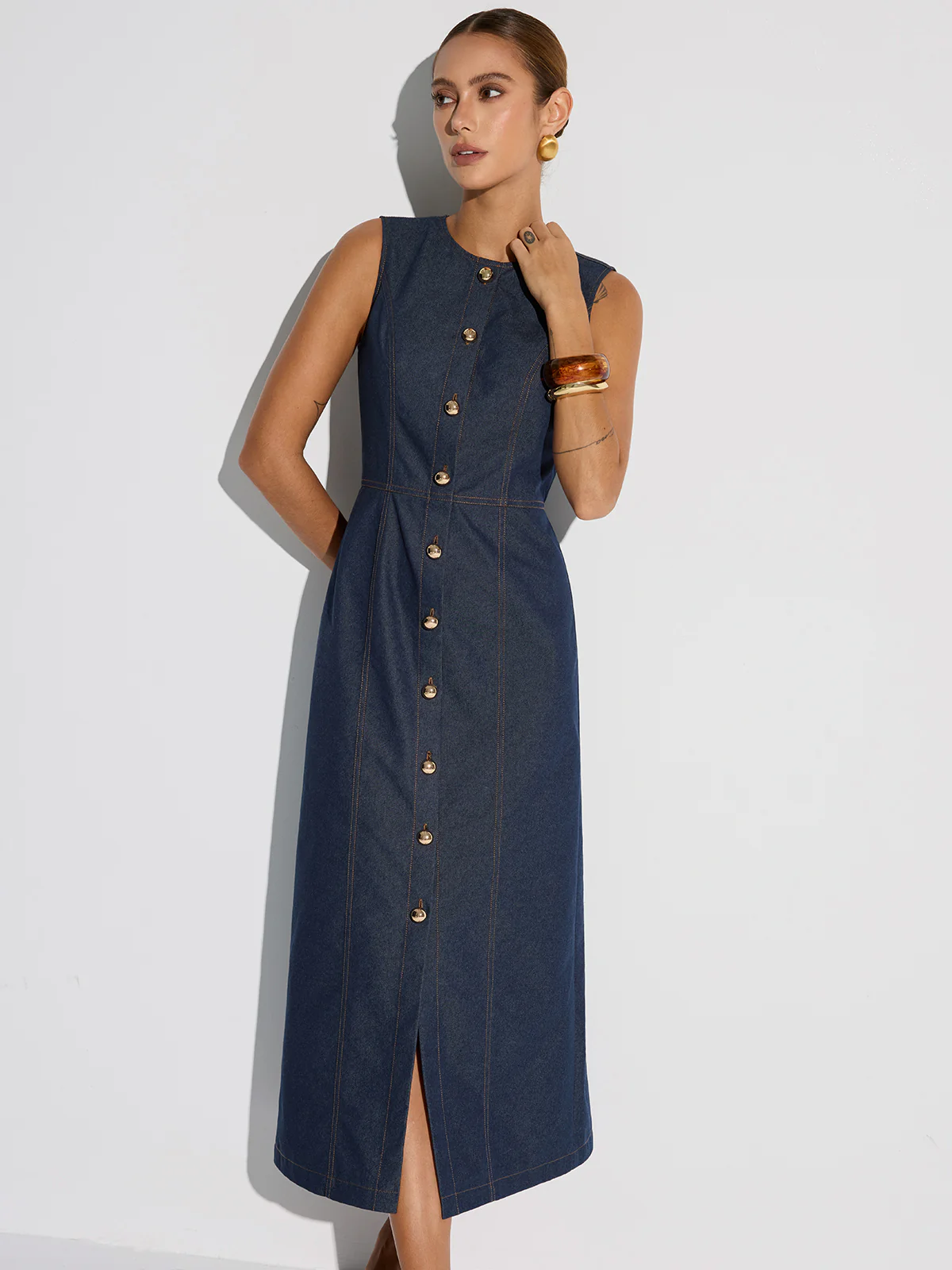 Button-Front Sleeveless Denim Maxi Dress - Wholesalesil