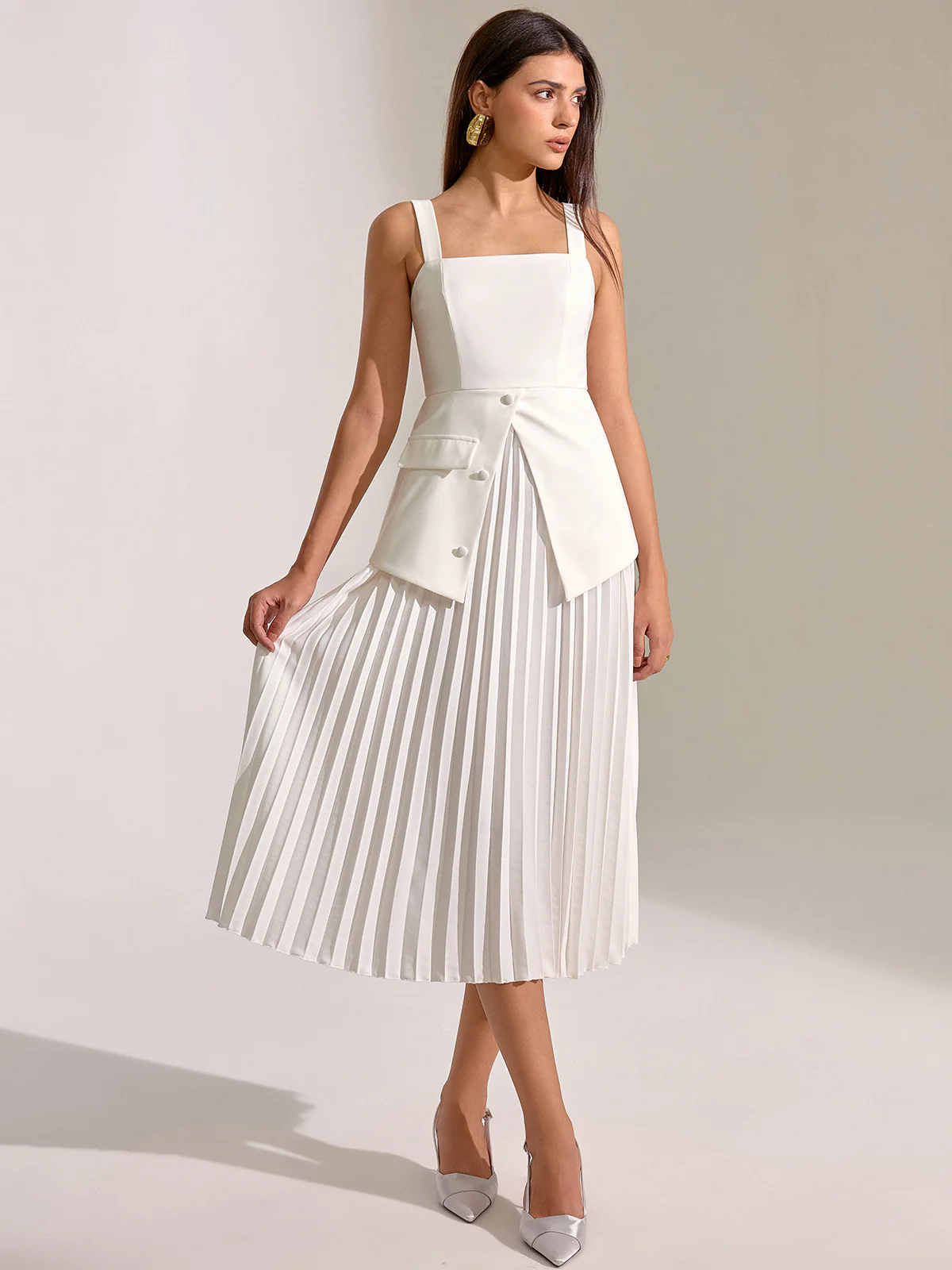 Square Neck Vest Panel Pleated Maxi Dress - Wholesalesil