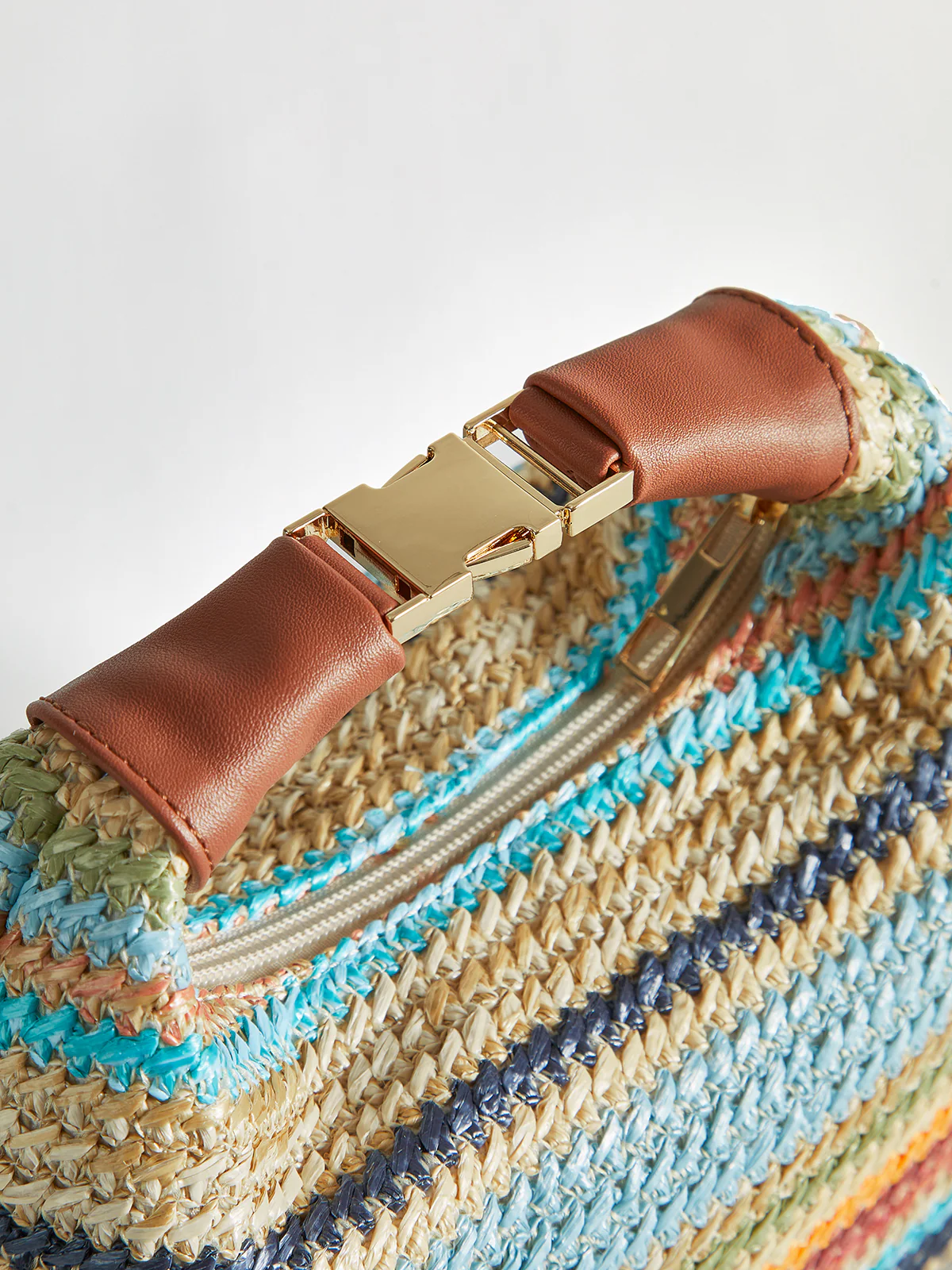Color-Block Striped Straw Handbag with Leather Strap - Wholesalesil
