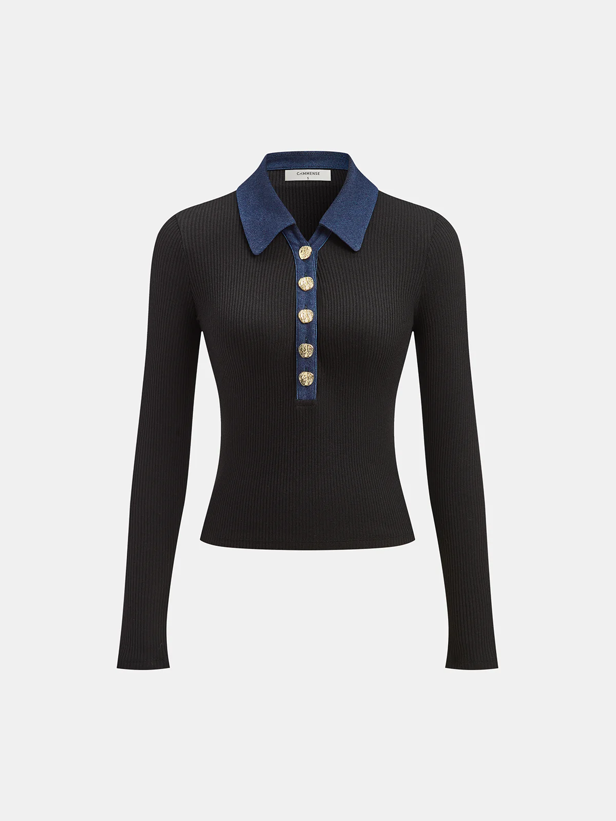 Contrast Collar Metal Button Ribbed Knit T-Shirt - Wholesalesil