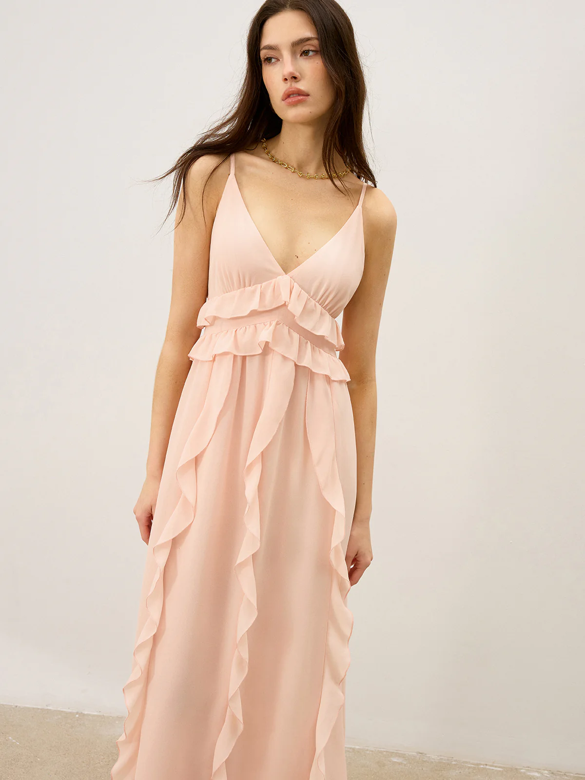 Semi-Sheer Chiffon Ruffle Trim Maxi Dress - Wholesalesil
