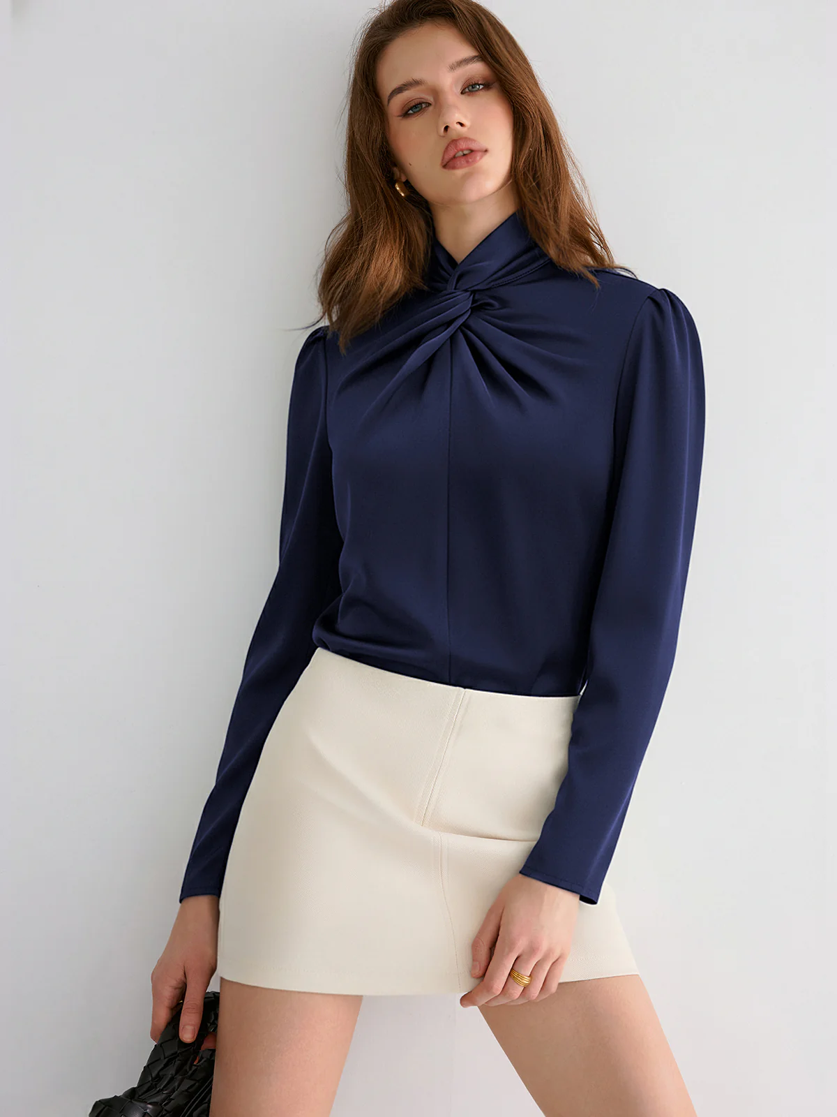 Twisted Mock Neck Long-Sleeve Satin Bodysuit - Wholesalesil