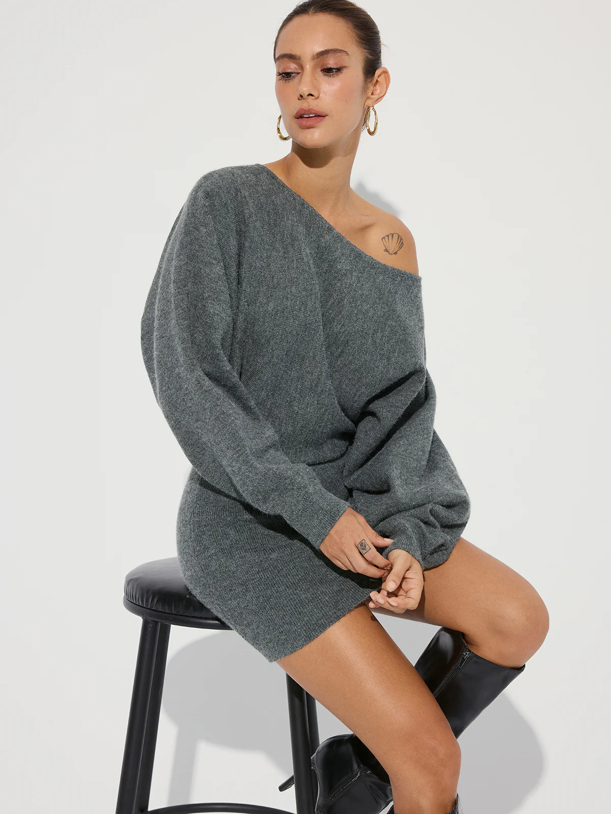 Asymmetric Off-Shoulder Knit Mini Dress - Wholesalesil