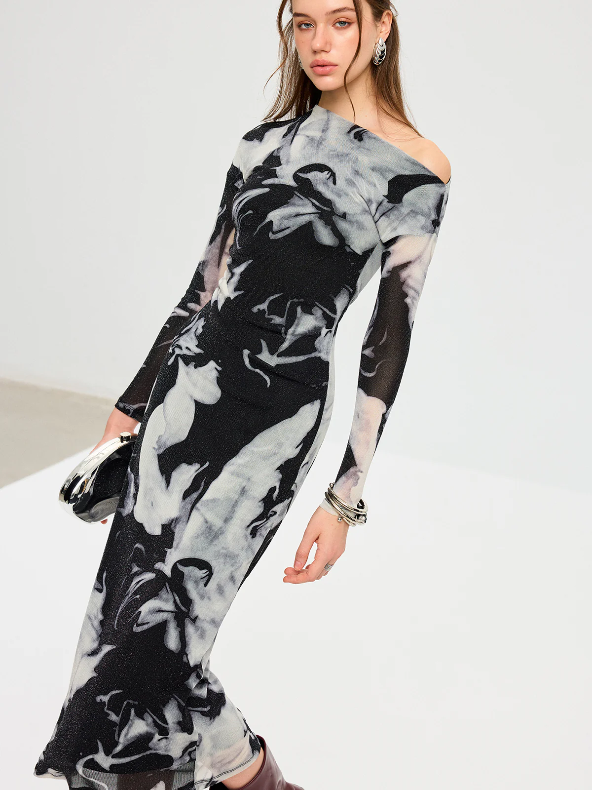 Abstract Print Mesh One-Shoulder Maxi Dress - Wholesalesil