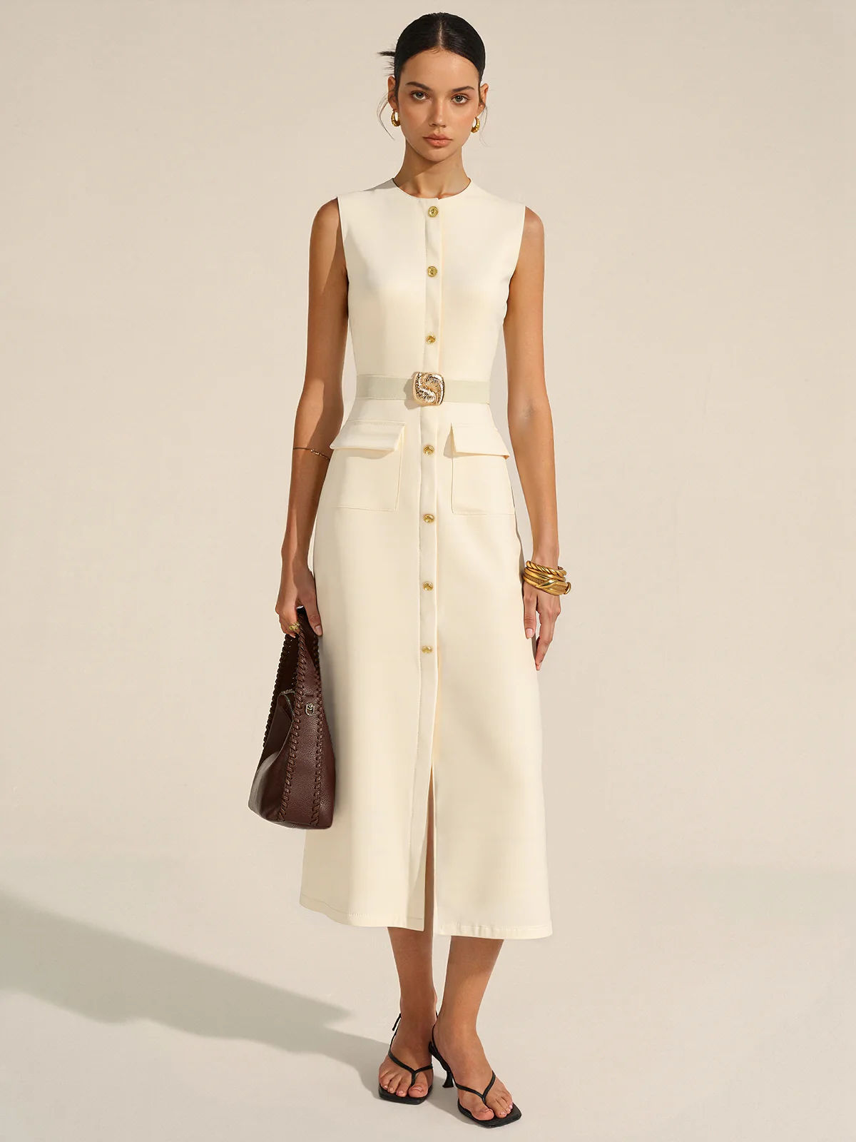 Button-Front Belted Maxi Dress - Wholesalesil