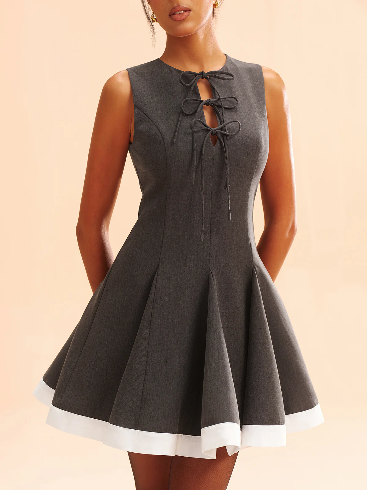 Bow-Tie Front Contrast Trim Mini Dress - Wholesalesil