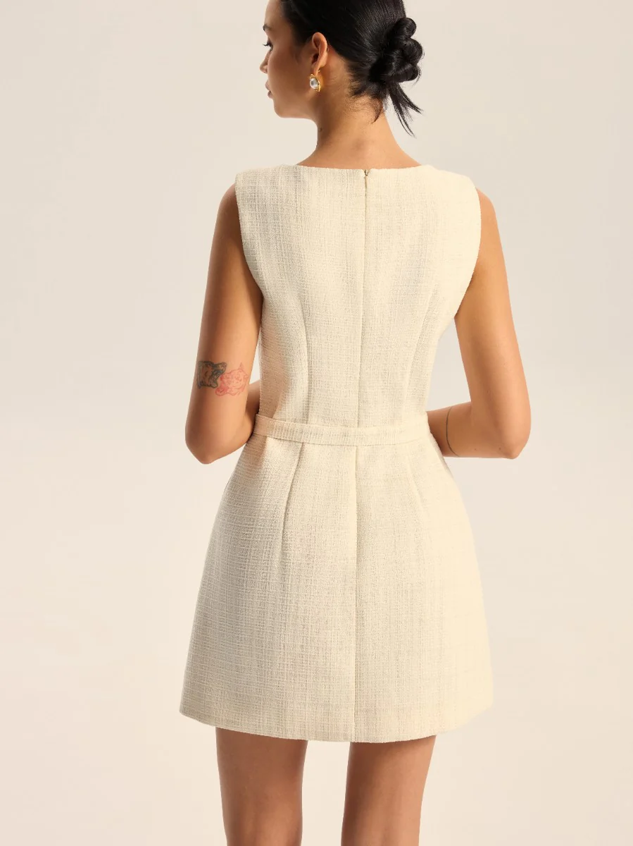 Tweed Slit Mini Dress with Detachable Belt - Wholesalesil