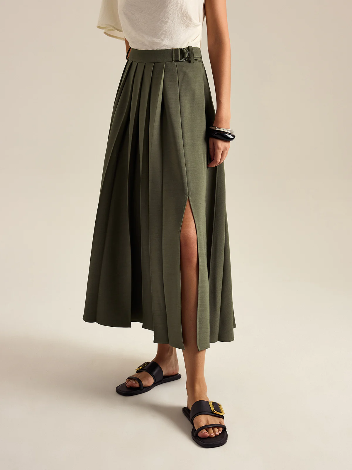 Pleated Midi Skirt with Side Slit - Wholesalesil