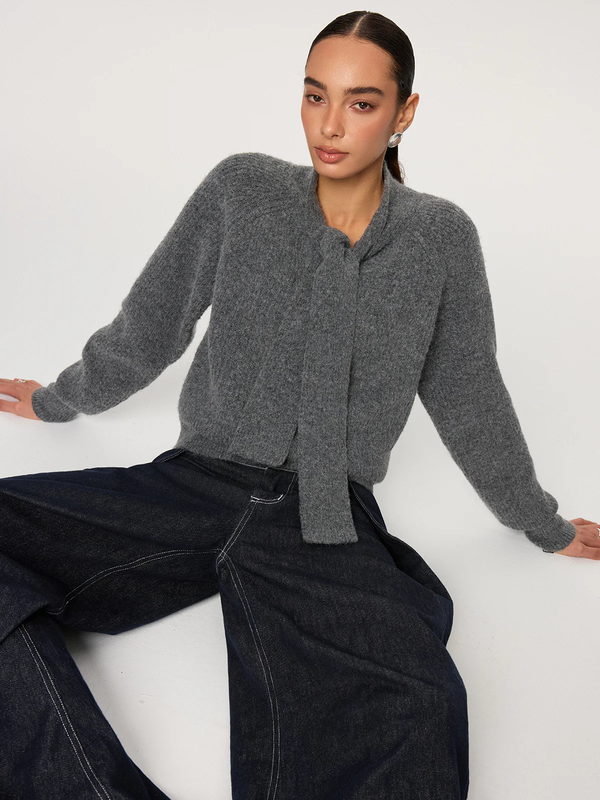 Tie-Neck Wool Blend Sweater - Wholesalesil