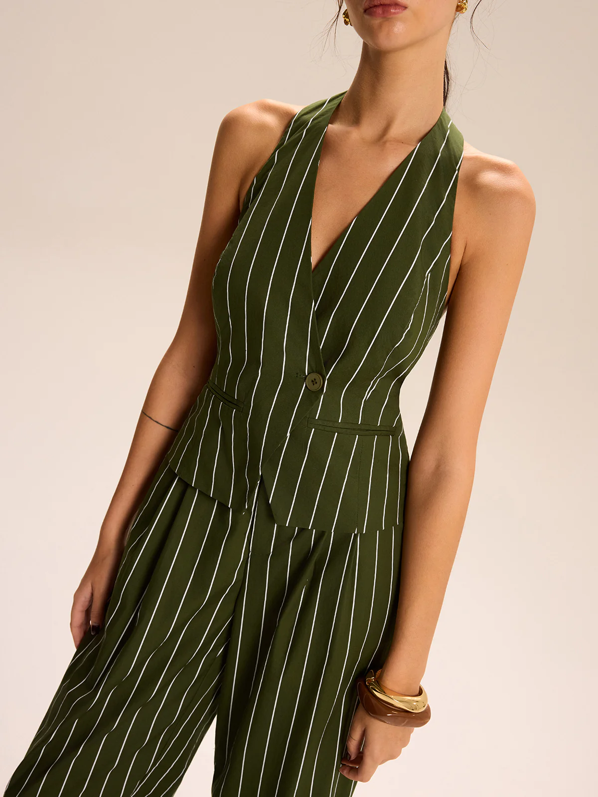 Striped Halter-Neck Vest and Wide-Leg Pants Set - Wholesalesil