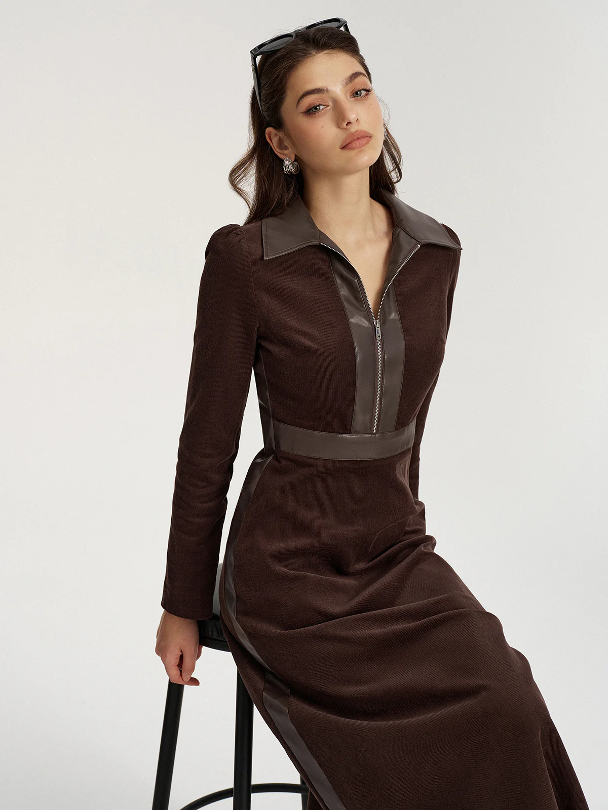Faux Leather Panel Corduroy Midi Dress - Wholesalesil
