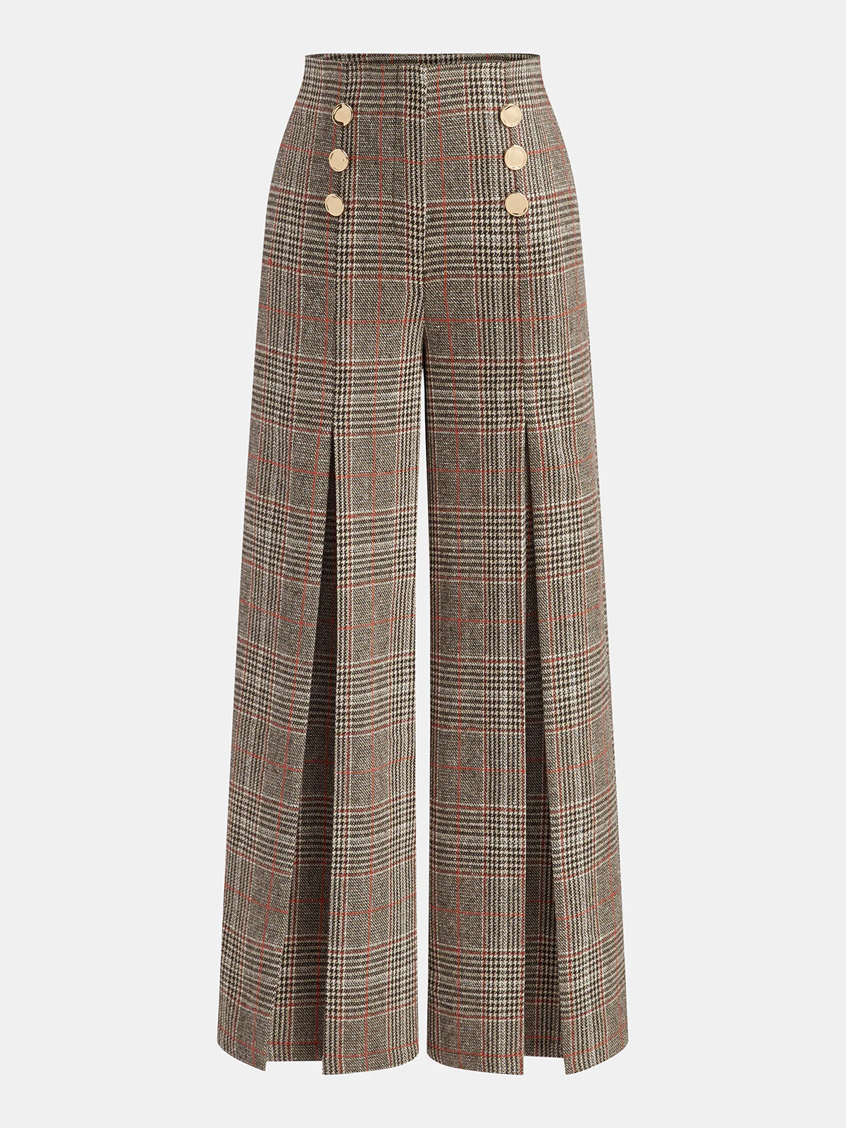 Metal Detail Slit Plaid Wide-Leg Pants - Wholesalesil