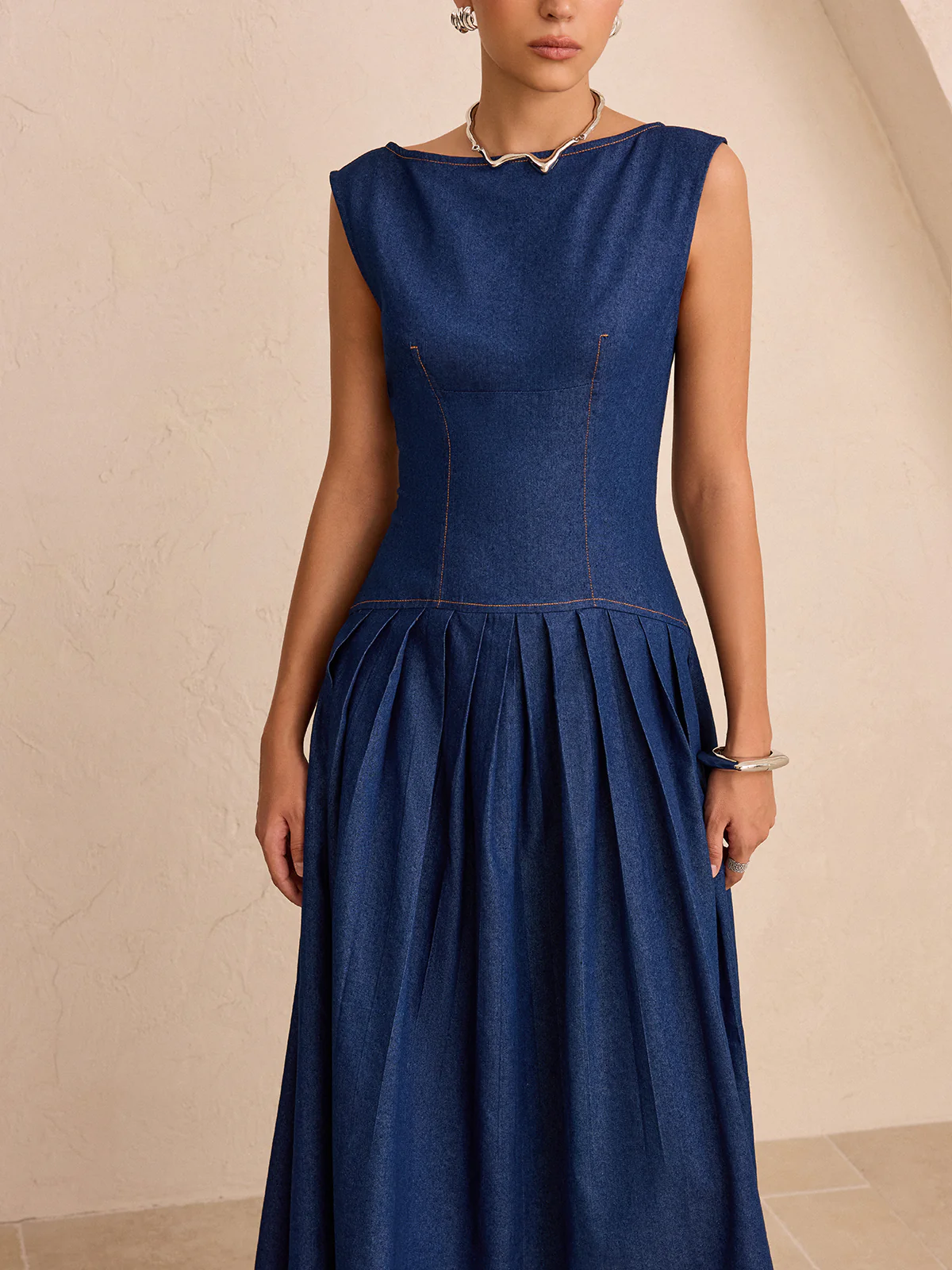Faux Denim Sleeveless Pleated Maxi Dress - Wholesalesil