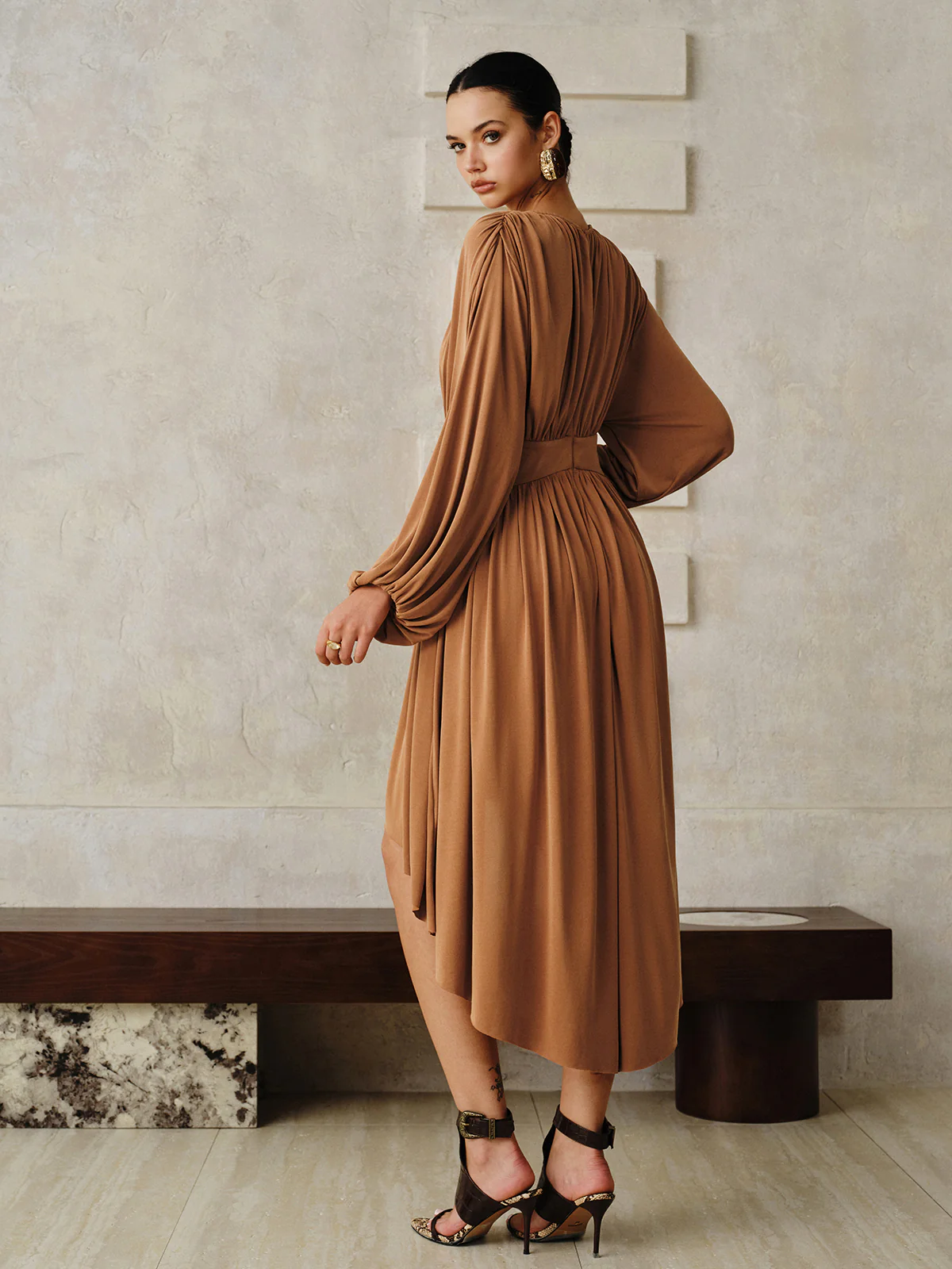 Long-Sleeve Pleated Asymmetric Midi Dress - Wholesalesil