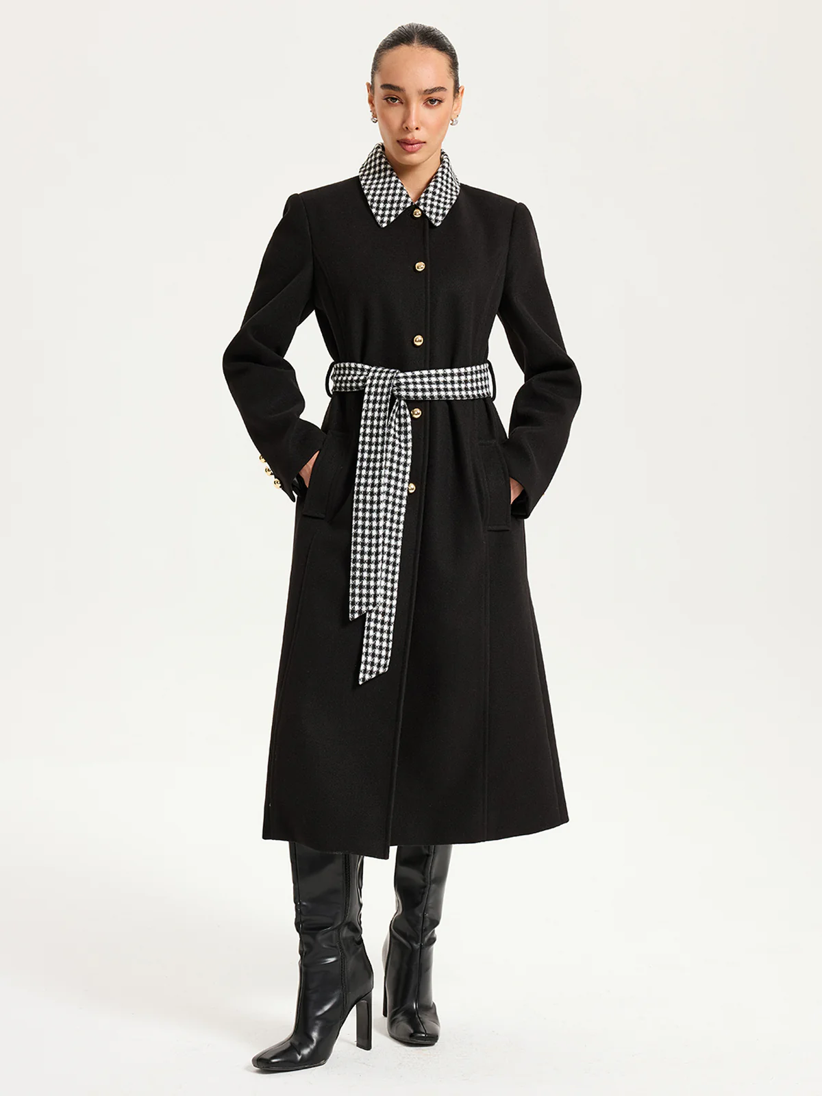 Belted Houndstooth Collar Long Coat - Wholesalesil