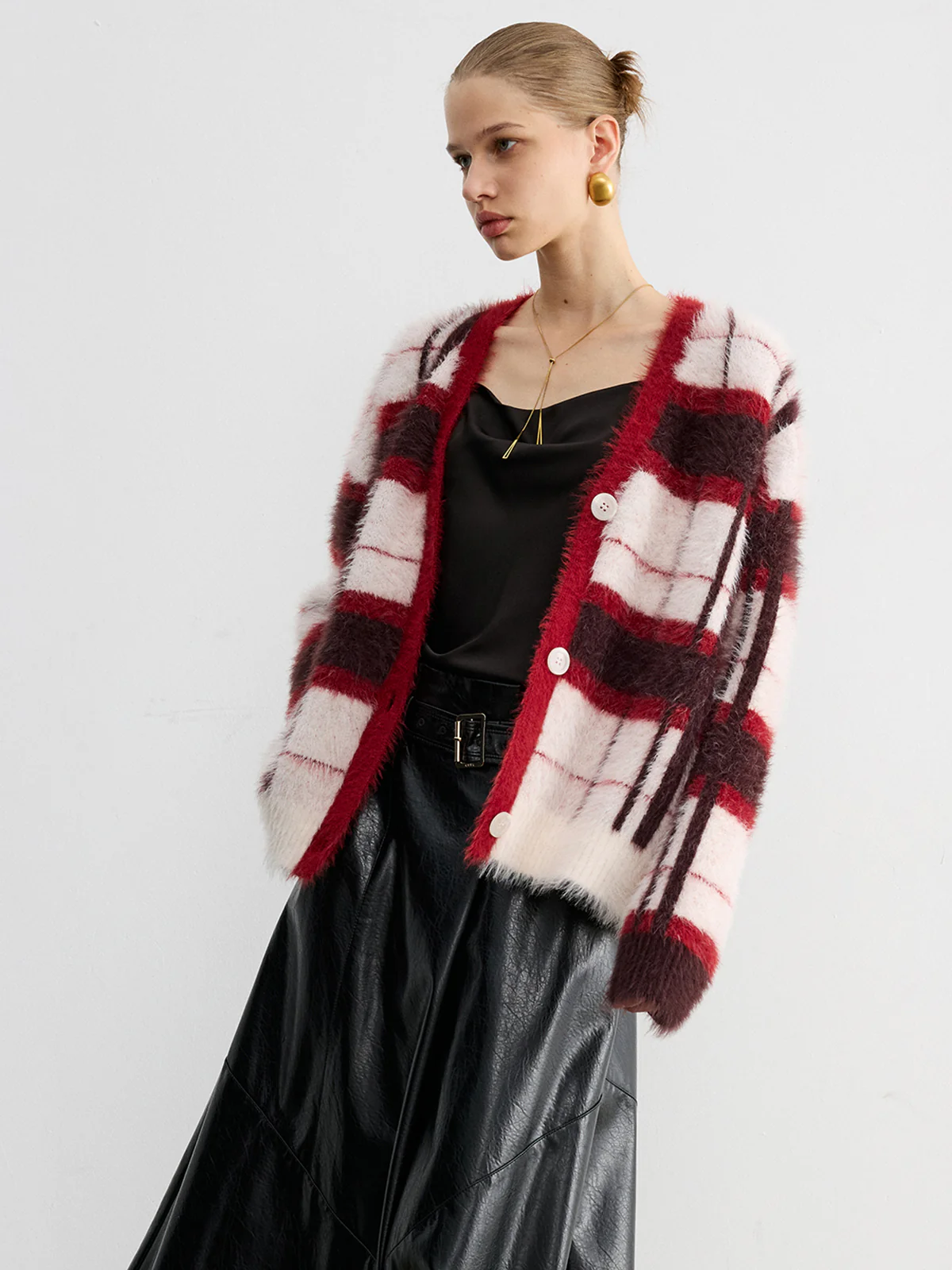 Knit Fluffy Checkered Cardigan - Wholesalesil