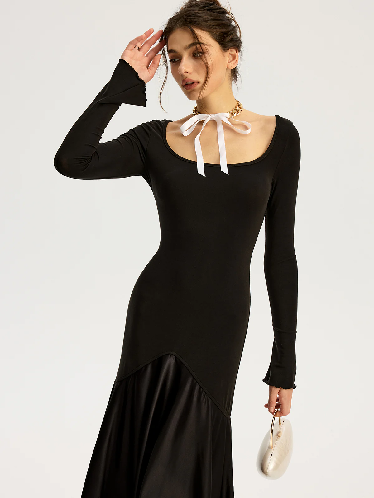 Satin Panel Jersey Sqaure Neck Long Dress - Wholesalesil